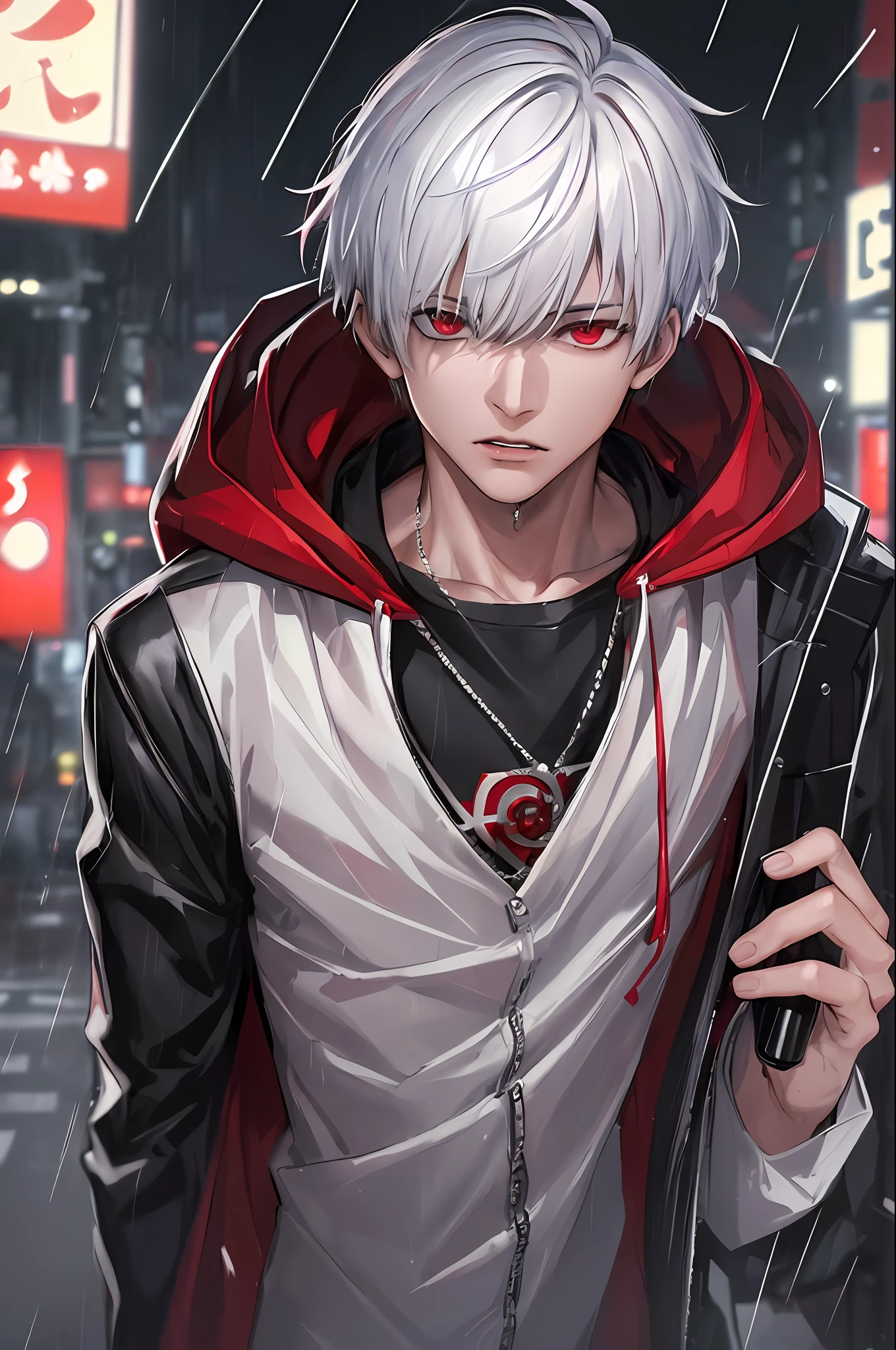 kk, best quality, more details, masterpiece, 1boy, kaneki ken, portrait, male focus, red eyes, solo, bangs, looking at viewer, hood, short hair, rain, tokyo tokyo \(city\), hood up, nail polish, white hair, luxurious, 8k, detailed, ray tracing, depth of field, cinematic lighting,