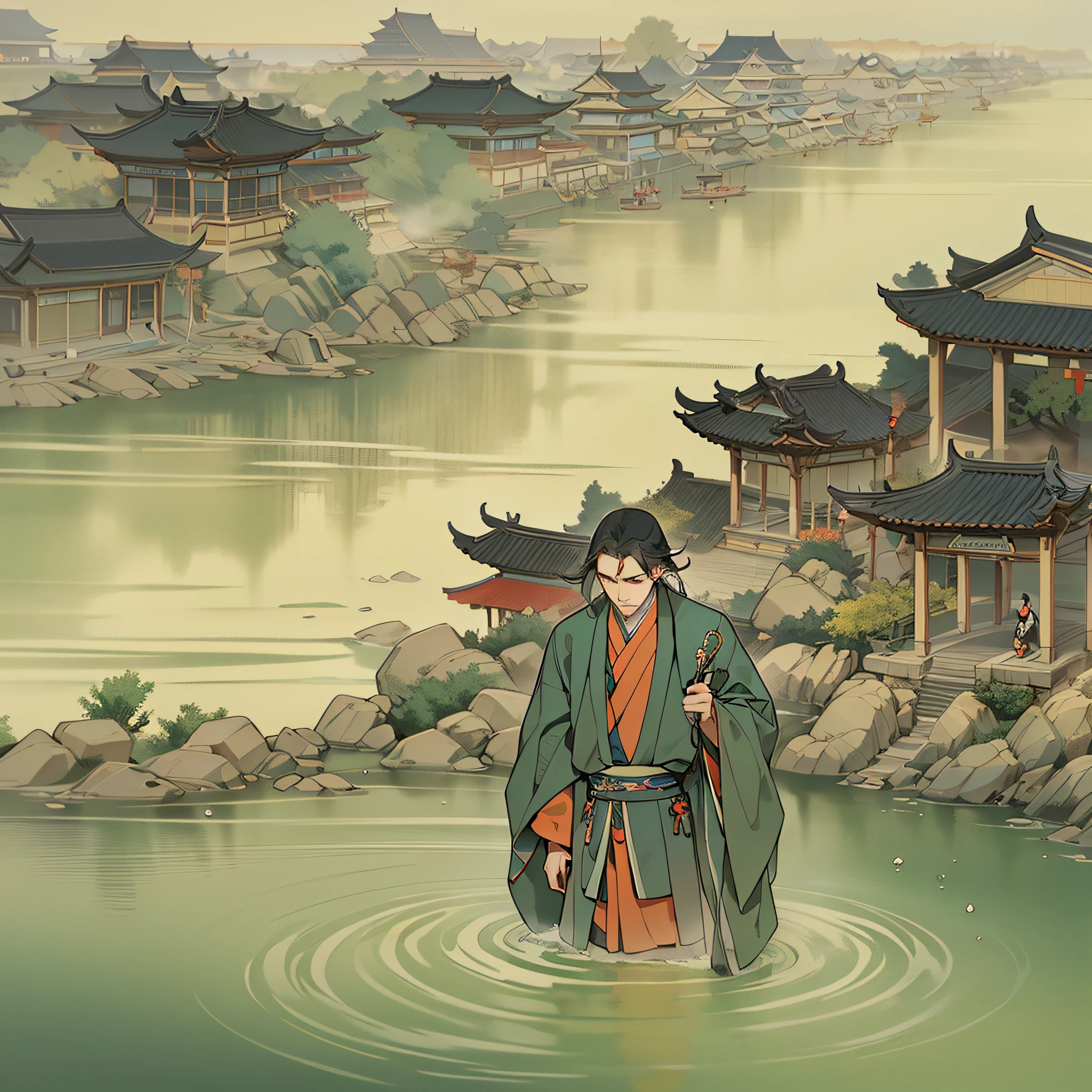 Masterpiece, Best quality, A lonely and melancholy man stands by the wide river in the ancient city of the Tang Dynasty, His eyes were filled with deep despair. He jumped into rushing rivers several times, Seek release. Rushing water splashes, Reflects the sadness on a man's face. The details of the buildings and streets of the Tang dynasty city are vividly depicted, It creates an ancient and poignant atmosphere. Cinema lenses (Complex bokeh)