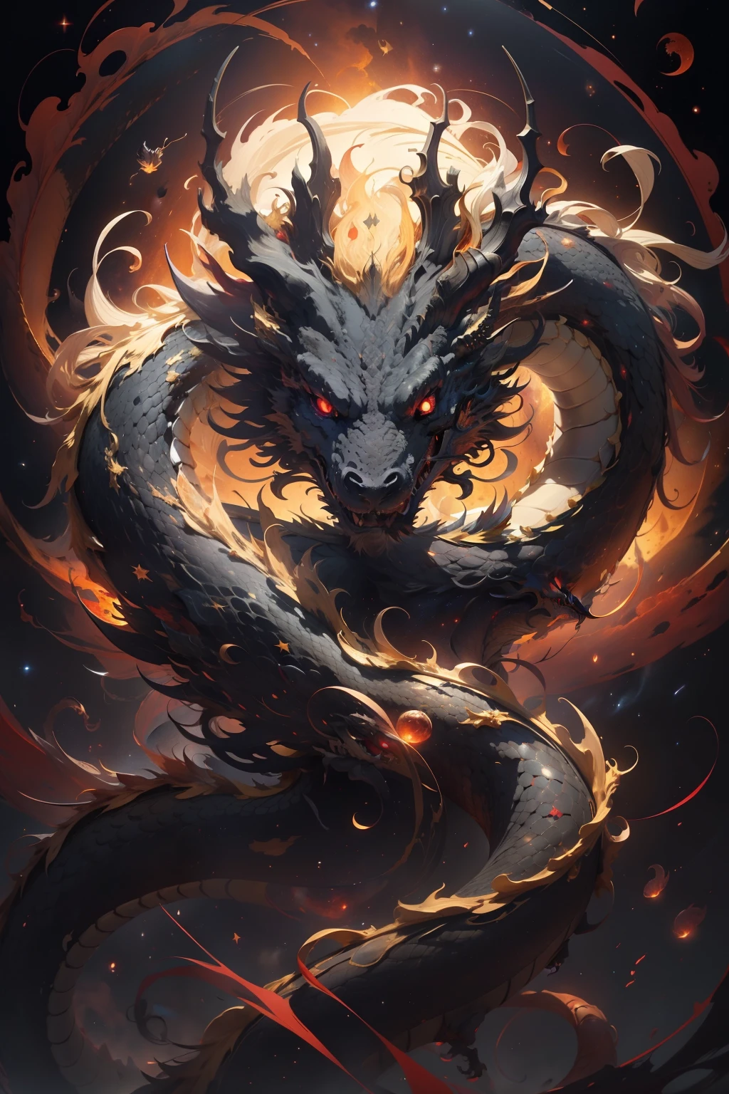 "a majestic cosmic golden eastern dragon with crimson red eyes, gracefully floating through the endless expanse of black space filled with stars, radiating a magnificent but OMINOUS aura".