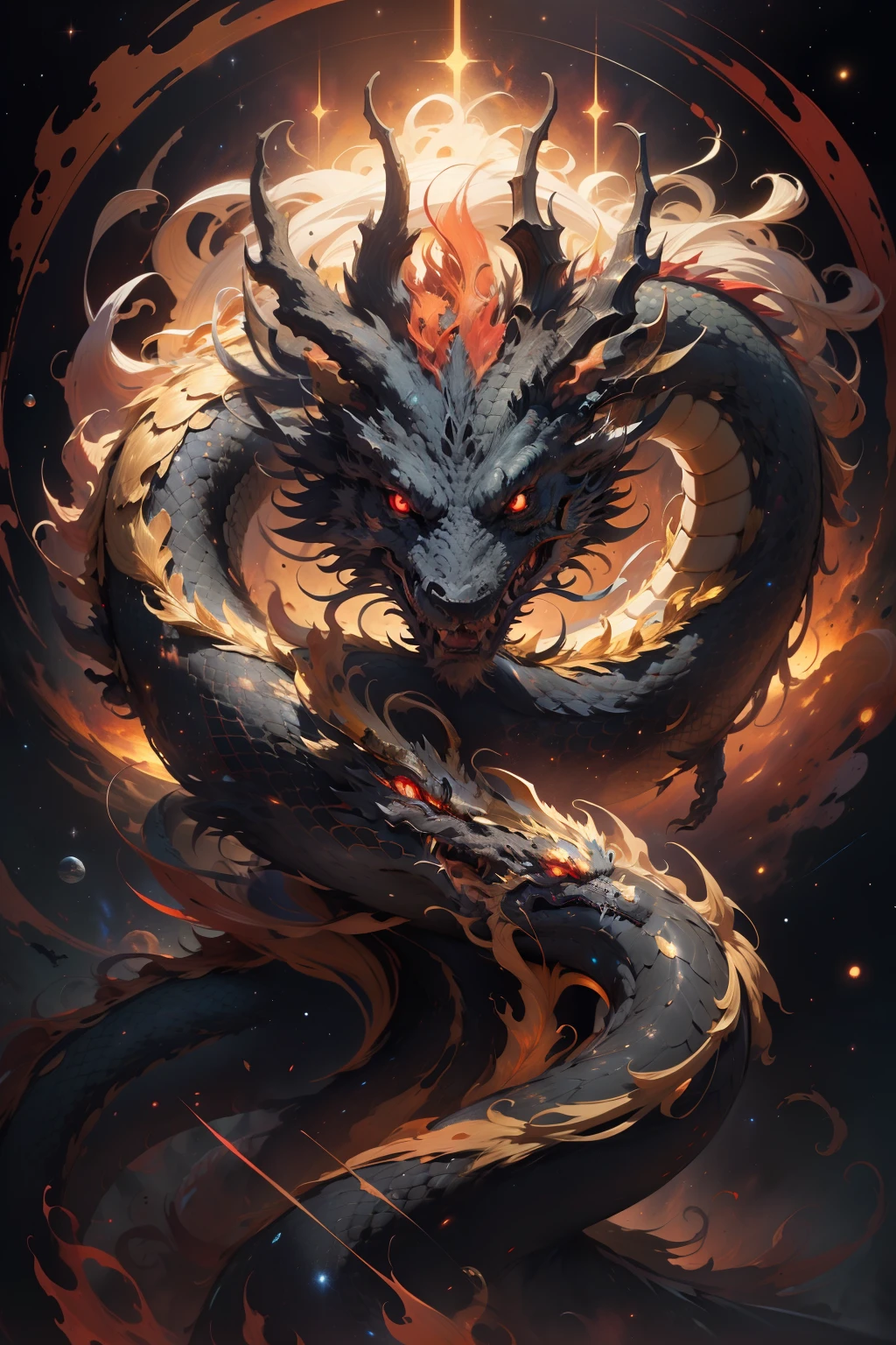 "a majestic cosmic golden eastern dragon with crimson red eyes, gracefully floating through the endless expanse of black space filled with stars, radiating a magnificent but OMINOUS aura".
