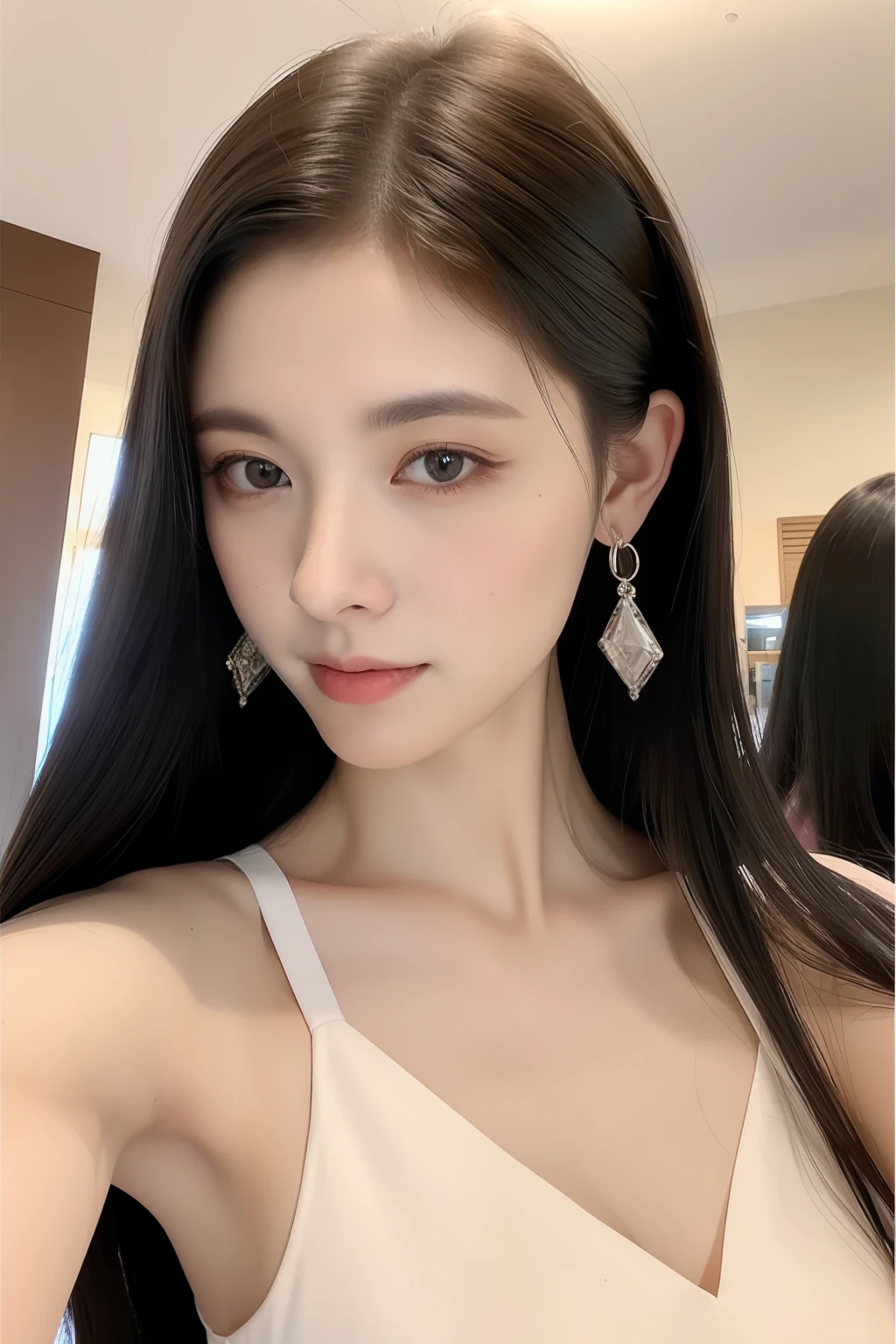 8K, Best Quality, Masterpiece, Ultra High Resolution, (Realism: 1.4), Original Photo, (True Skin Texture: 1.3), (Film Grain: 1.3), (Selfie Angle), 1 Girl, Beautiful Eyes and Face Details, Masterpiece, Best Quality, Close-up, Upper Body
