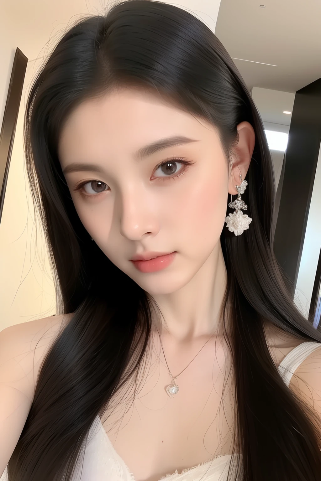 8K, Best Quality, Masterpiece, Ultra High Resolution, (Realism: 1.4), Original Photo, (True Skin Texture: 1.3), (Film Grain: 1.3), (Selfie Angle), 1 Girl, Beautiful Eyes and Face Details, Masterpiece, Best Quality, Close-up, Upper Body