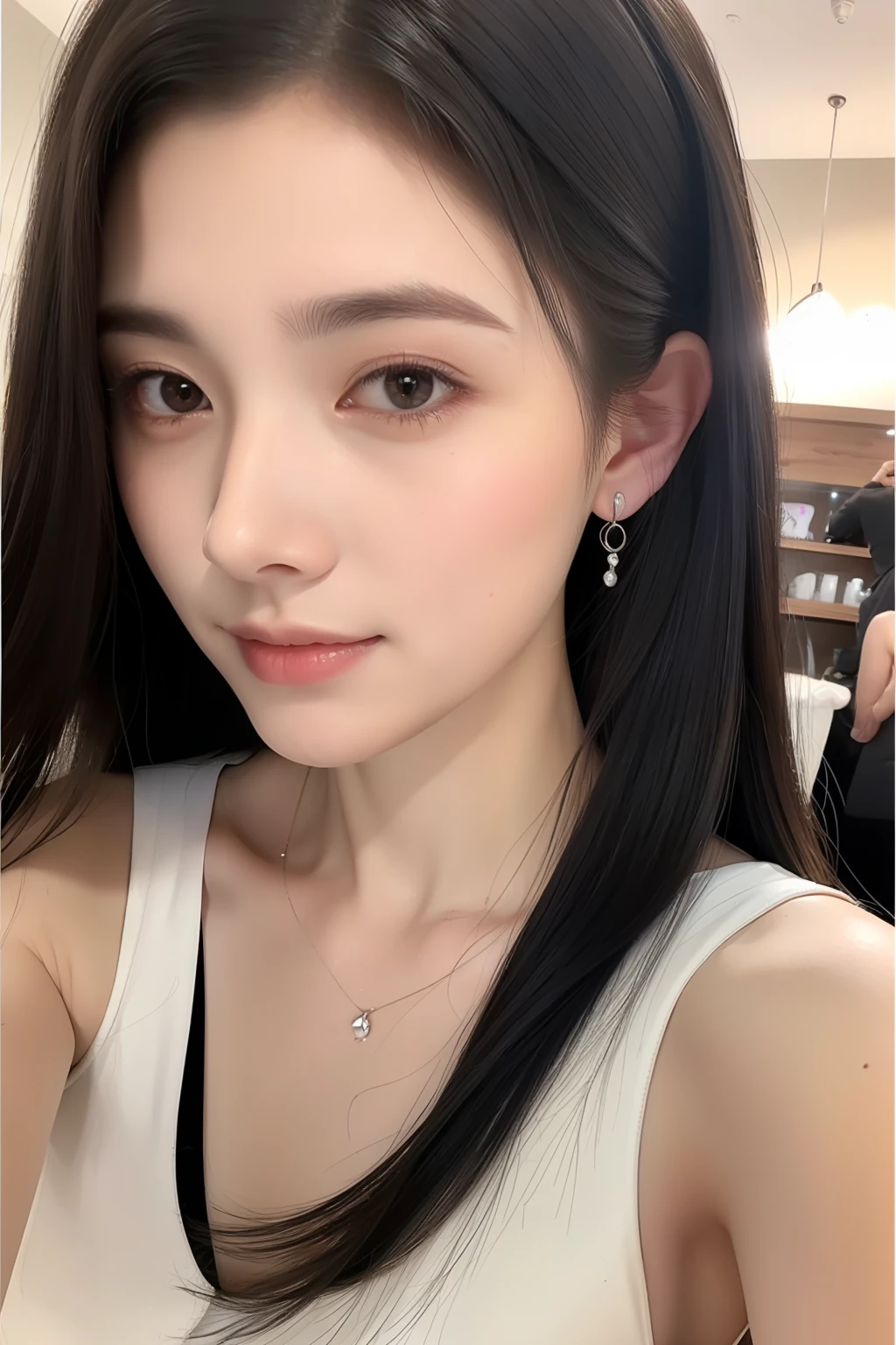 8K, Best Quality, Masterpiece, Ultra High Resolution, (Realism: 1.4), Original Photo, (True Skin Texture: 1.3), (Film Grain: 1.3), (Selfie Angle), 1 Girl, Beautiful Eyes and Face Details, Masterpiece, Best Quality, Close-up, Upper Body