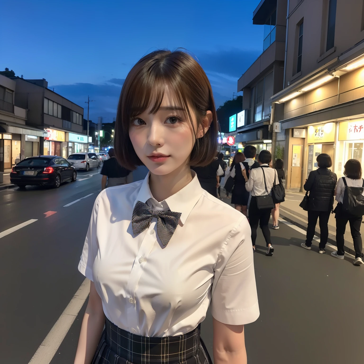 (8k, RAW photo, best quality, masterpiece:1.2), (realistic, photo-realistic:1.37), ultra-detailed, 1 girl,cute, solo,beautiful detailed sky,detailed tokyo street,night, medium breasts,beautiful detailed eyes,(collared shirt:1.1), bowtie,pleated skirt,(short hair:1.2),floating hair,short hai,