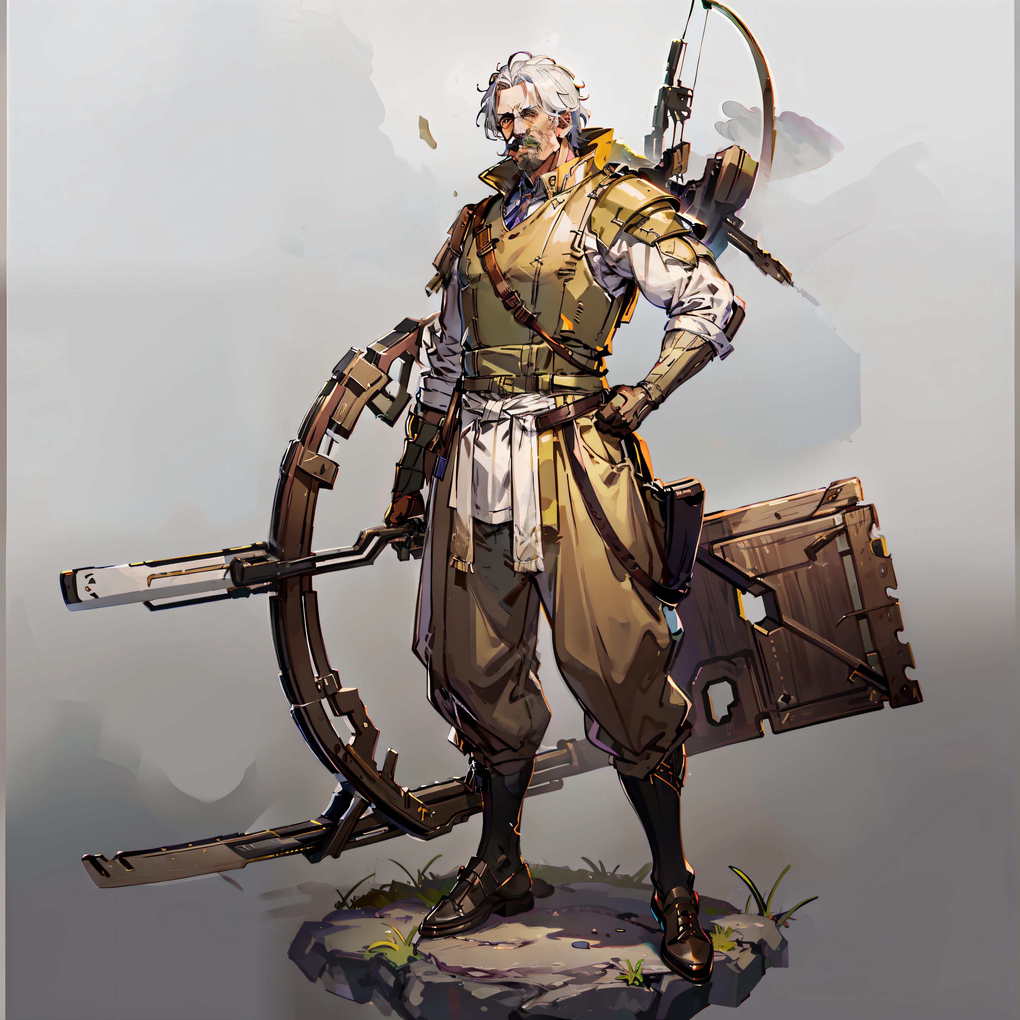 forerunner, Grandpa, No background, White background, White hair, Full body shot, Leather shoes, hickory, Short hair, mustache, Wide pants,  Brown and green dresses, hunchback, bow and arrow, Leather shoes, Wounds all over the body,  Scar on one eye