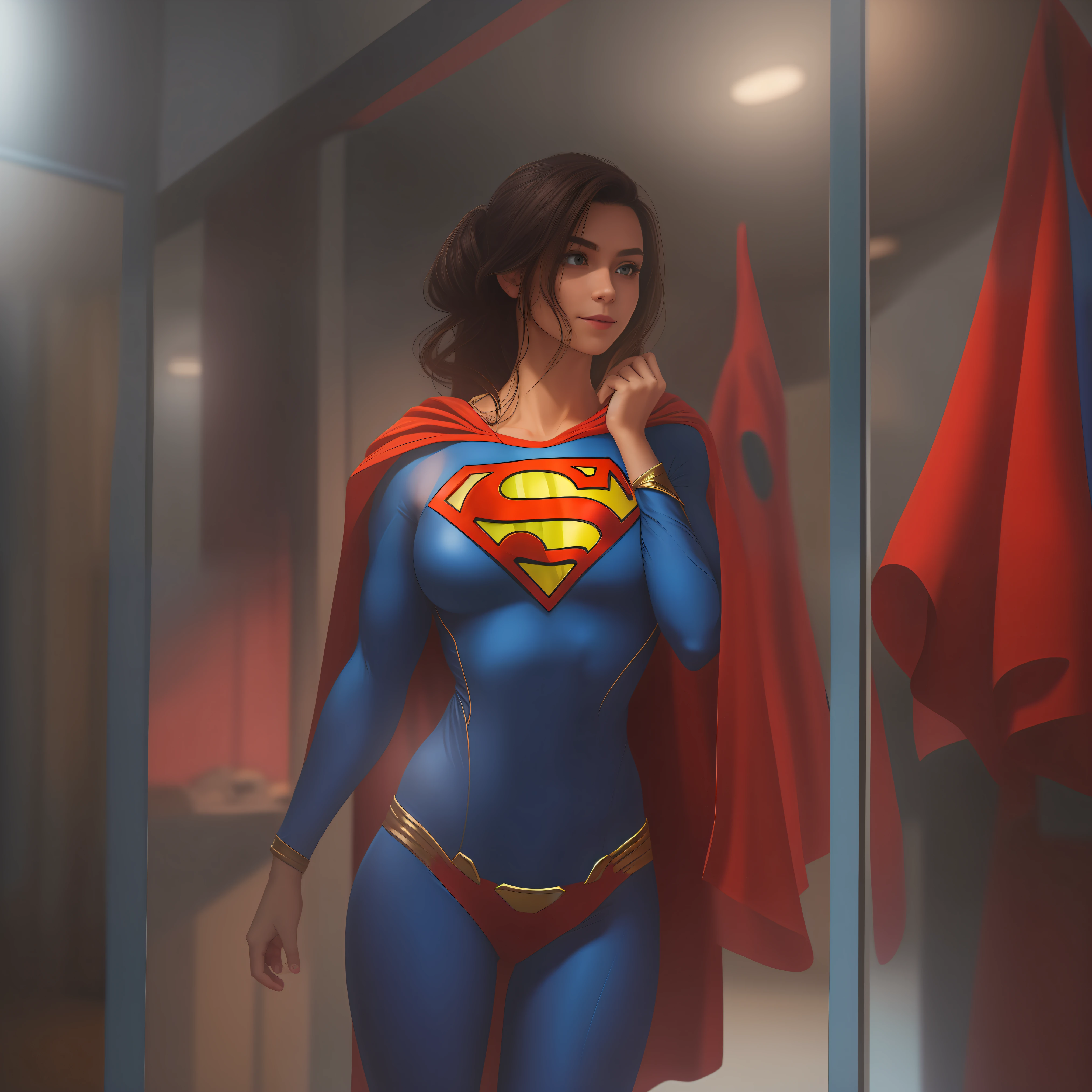 Tabith gazes at the costume, feeling a connection to the hero she admires. She hesitates for a moment, contemplating the decision before her. With a determined smile, she unfolds the costume, ready to embrace her destiny. Tabith steps in front of a mirror, holding the Superman costume against her body. She pauses, studying her reflection, imagining the possibilities that lie ahead. TABITH (whispering to herself) Maybe I can be more than just a scientist. Maybe I can be a hero. With newfound determination, Tabith begins to change into the Superman costume. She slips her legs into the blue suit, tugging it up. Next, she slides her arms through the red sleeves and pulls the cape around her shoulders. forming extremly large boobs and muscles.