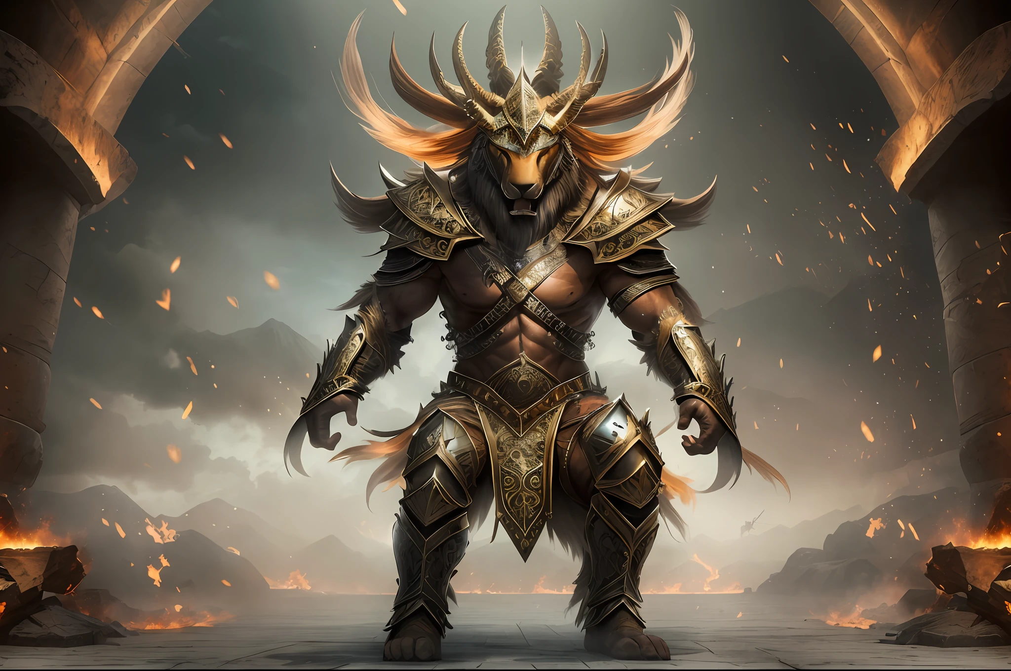 "a warrior animal: Fierce, powerful, majestic and mythical humanoid creature (leon), adorned with intricate armor, dynamic pose, intense battle scene, epic lighting, immersive environment and a sense of strength and courage."