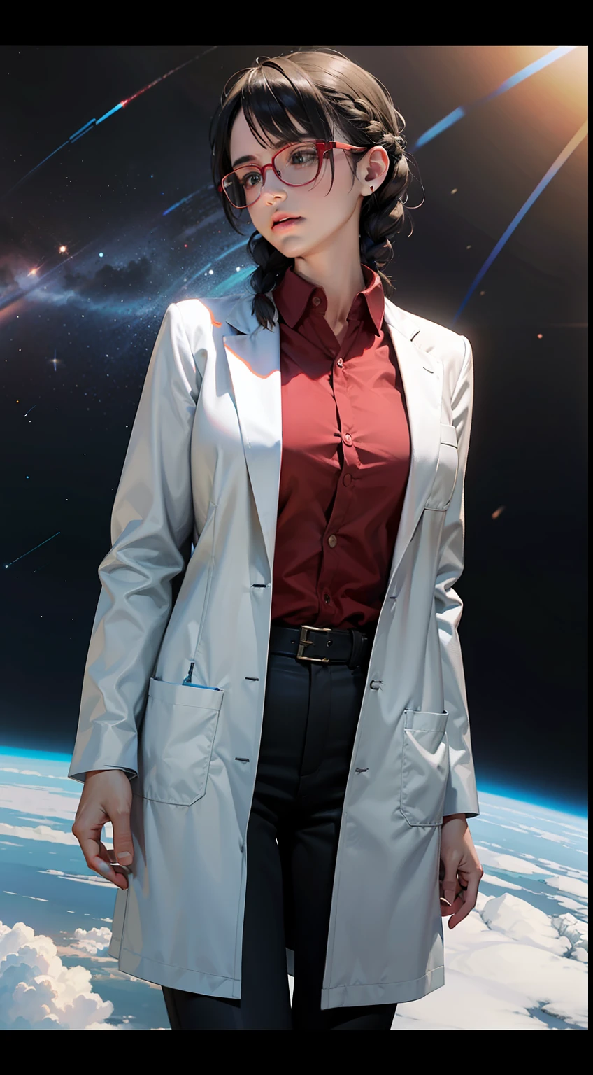 Movie Poster,((Braid hairstyles : 1.5)),Anime Reference 86 ,science fiction,sci-fi,motion picture,War Action Movies,outer space,atmospheric,sky,Combat vehicles,Multiple characters,Women,mature adult,green eyes,Black Hair,(short hairstyles, short hairstyles : 1.8 ),(Red glasses),White Scientist Uniform Long Lab Coat,Seriously frowned....,Realistic facial details,Realism,3d face,