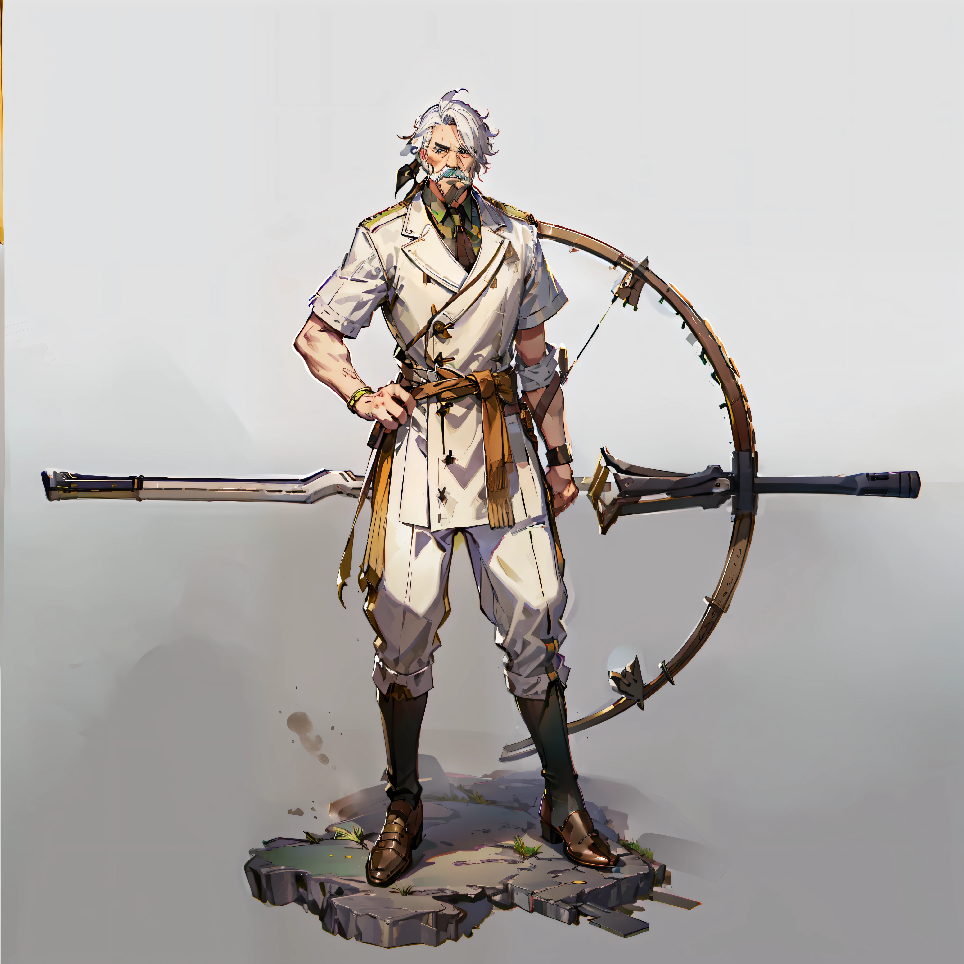 forerunner, Grandpa, No background, White background, White hair, Full body shot, Leather shoes, hickory, Short hair, mustache, Wide pants, Brown and green dresses, hunchback, bow and arrow, Leather shoes, Wounds all over the body, Scar on one eye