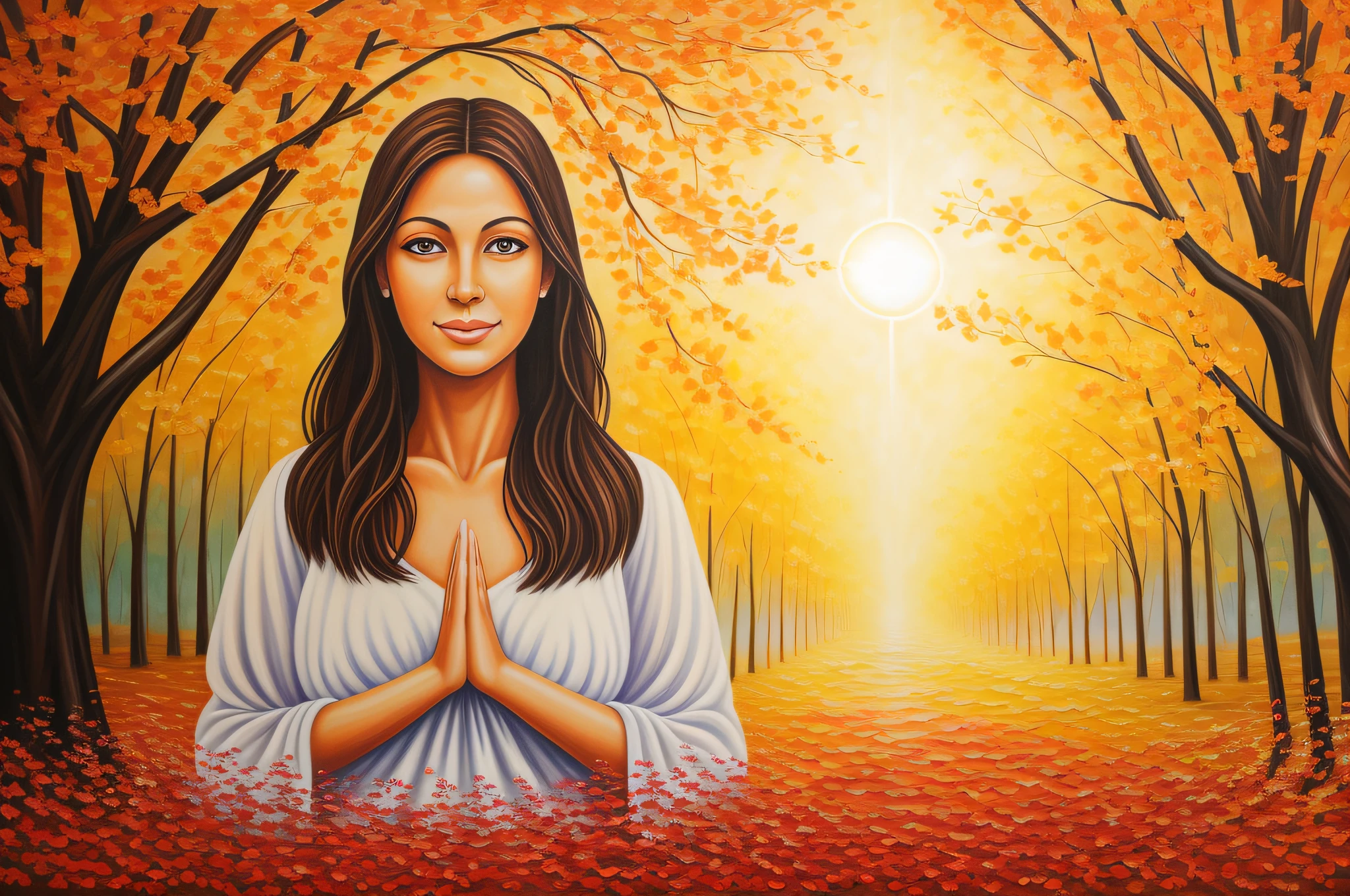 an image that represents deep spiritual connection and inner transformation, Use symbolic elements of gratitude, like a heart radiating light, surrounded by flowers and leaves that represent the abundance of life, Add softness and peace through calm tones and a warm atmosphere, convey the sense of transcendence and renewal that this prayer inspires. oil-painting