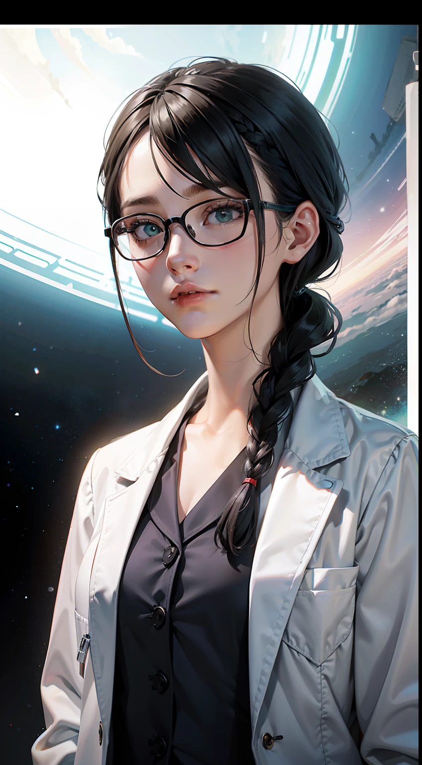 Movie Poster,((Braid hairstyles : 1.5)),Anime Reference 86 ,science fiction,sci-fi,motion picture,War Action Movies,outer space,atmospheric,sky,Combat vehicles,Multiple characters,Women,mature adult,green eyes,Black Hair,(short hairstyles, short hairstyles : 1.8 ),(Red glasses),White Scientist Uniform Long Lab Coat,Seriously frowned....,Realistic facial details,Realism,3d face,
