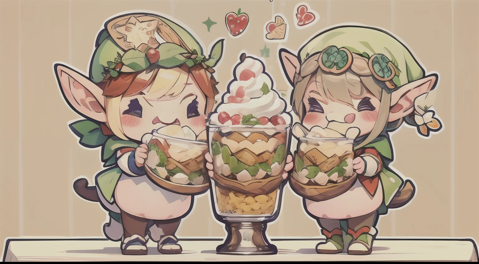 Realistic hand drawn style with cute elf characters、Everyone is eating a big parfait for the party