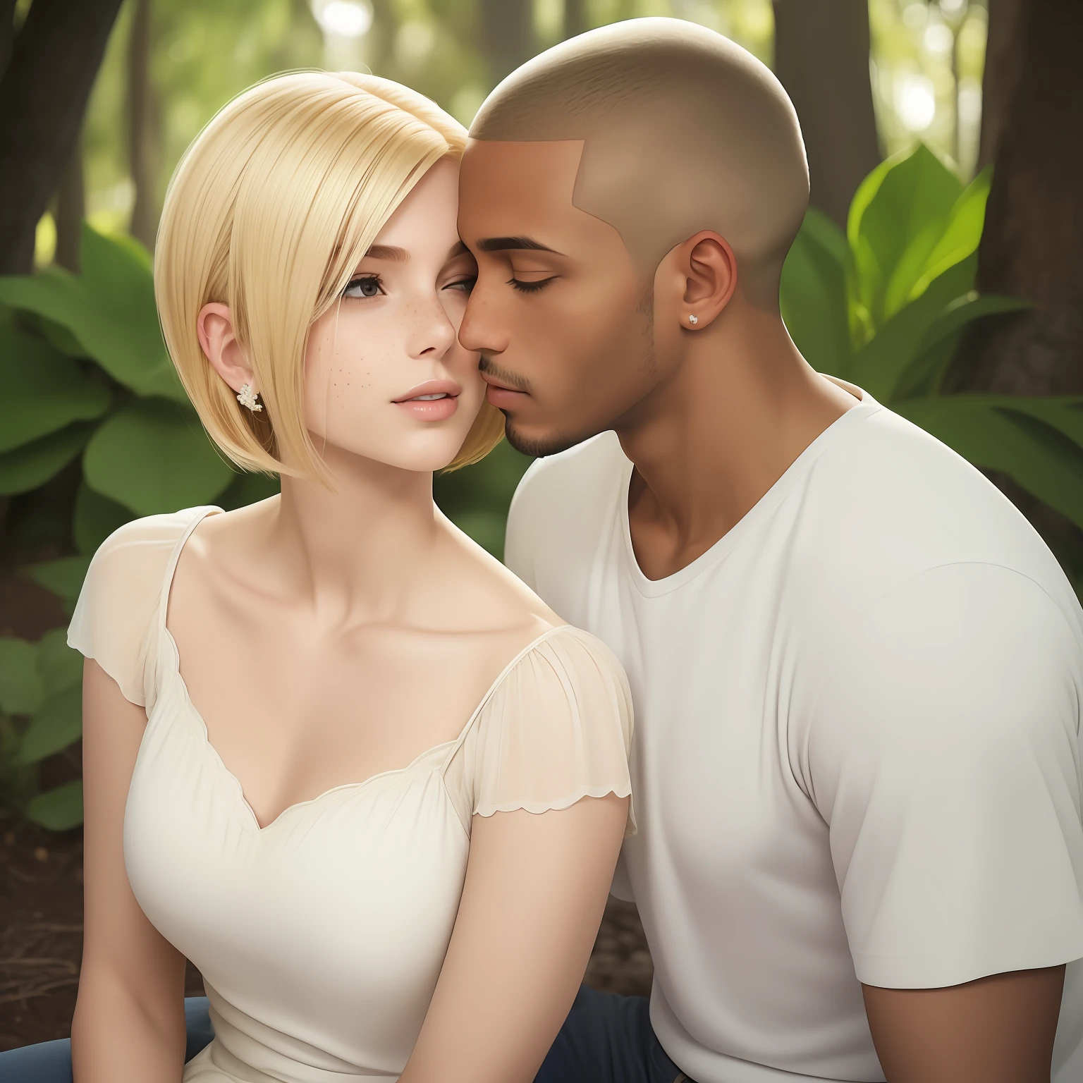 Romantic scene of couple kissing on the mouth, no parque, leaning against a tree, um homem ((30 anos,pele caramelo, com cavanhaque, buzz cut)) E mulher ((americana, 25 anos, pale skin and freckles, olhos cinzas, nariz delicado, soft and delicate lips, cabelo blondie cinza longo e ondulado)), ultrarrealista HD altamente renderizado fotorrealista, luz natural do dia, Fuji Camera