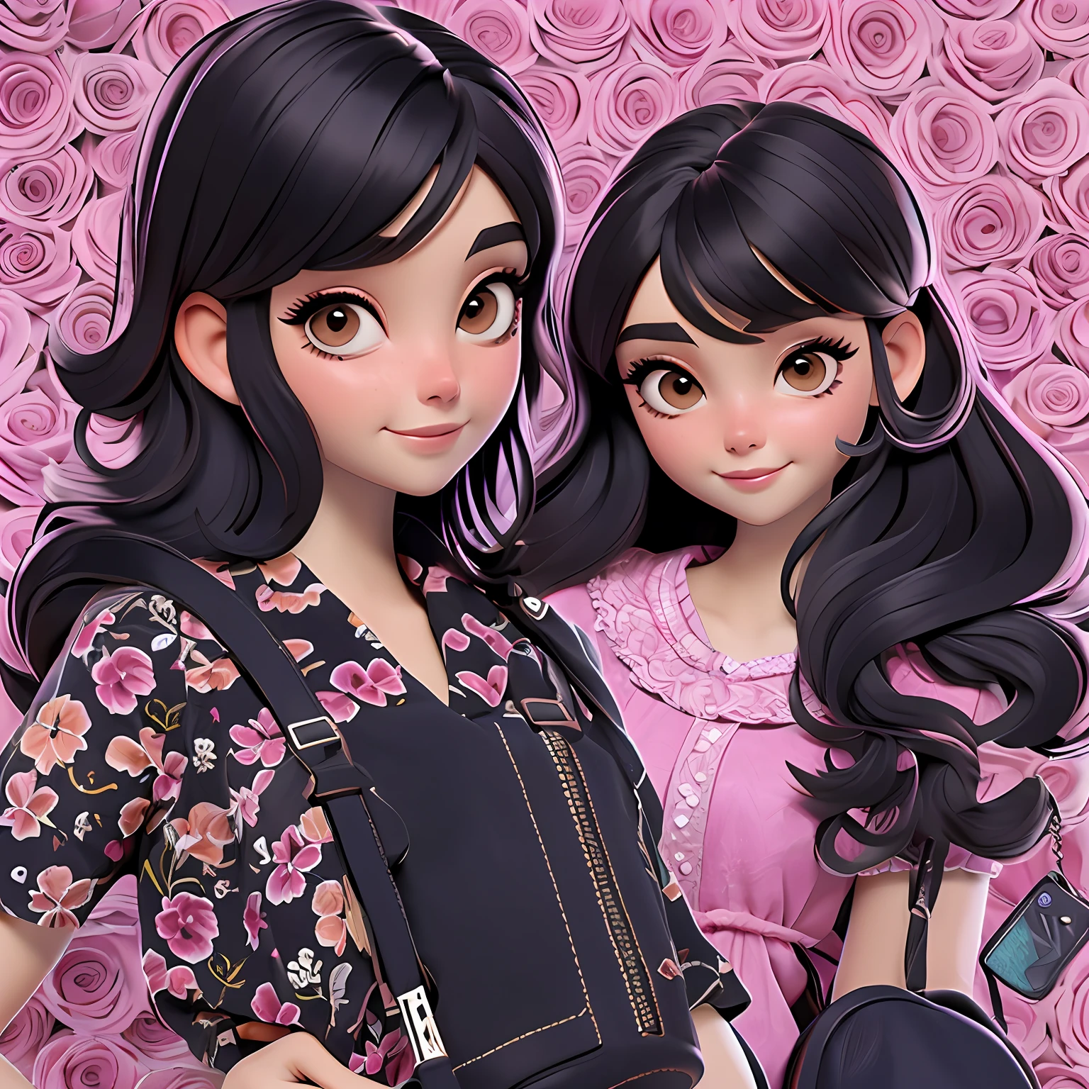 uma menina jovem, de pele preta tom negro, Seu cabelo esta solto, pavor, fone de ouvido, com rendas delicadas, tom acizentado com madeixas marrom escuro, roupas leves, mochila, fone de ouvido, pavor roxo escuro, corpo inteiro, The background is filled with a pastel shade, evoking a sense of lightness and happiness.