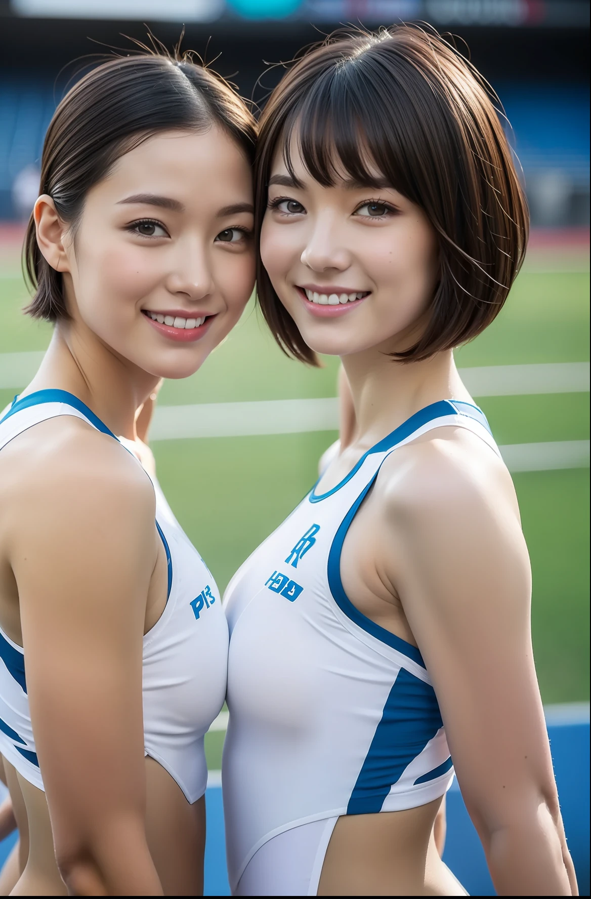 (((full bodyesbian)))、well-muscled、beauty legs、((Track & Field Athletes Women))、Women in Japan、((Short-cut hairstyles))、1 Beautiful Girl、(((1人)))、Competition uniforms、((stadium))、Transcendent cute、A slight smil、Beautiful breasts、full bodyesbian、athletic field、((Outstanding style))、((Healthy body))、 Photorealsitic、Beautiful detailed eyes、Hyper-Realism、highcontrast、Ultra HD、realistic skin textures、Top image quality、top-quality、超A high resolution、Fine details、Very meticulously