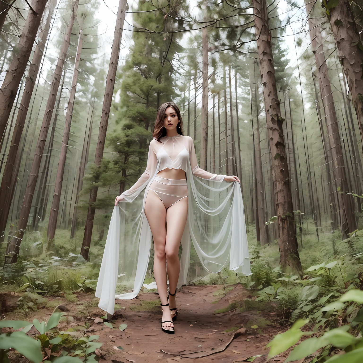 A tall girl, with long legs, is wearing a sheer silk fabric, nude , surrounded by dense forest
