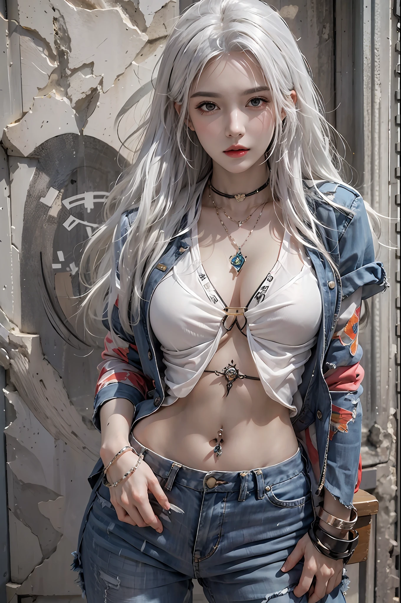 photorealistic, high resolution, 1women, solo, hips up, look at viewer, (detailed face), white hair, long hair, street wear, jewelry, belly tattoo