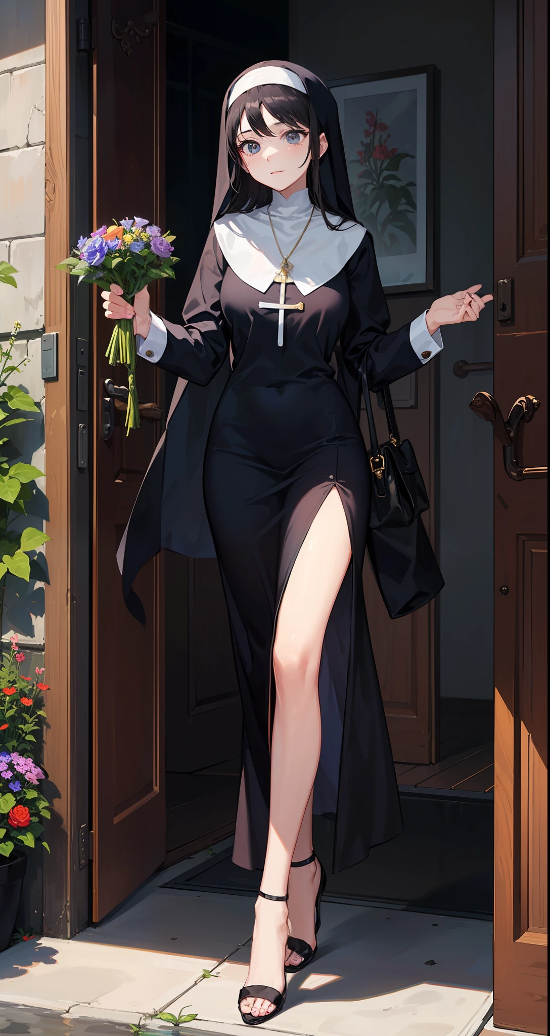 ((full bodyesbian)), Young nun walking, extremely long black hair, ((Charming, self-assured)), vine、Flowers and water creeks, Sharp shadows, Vivid colors, rays of sunshine, [black heels，With ankle strap], Natural pose,