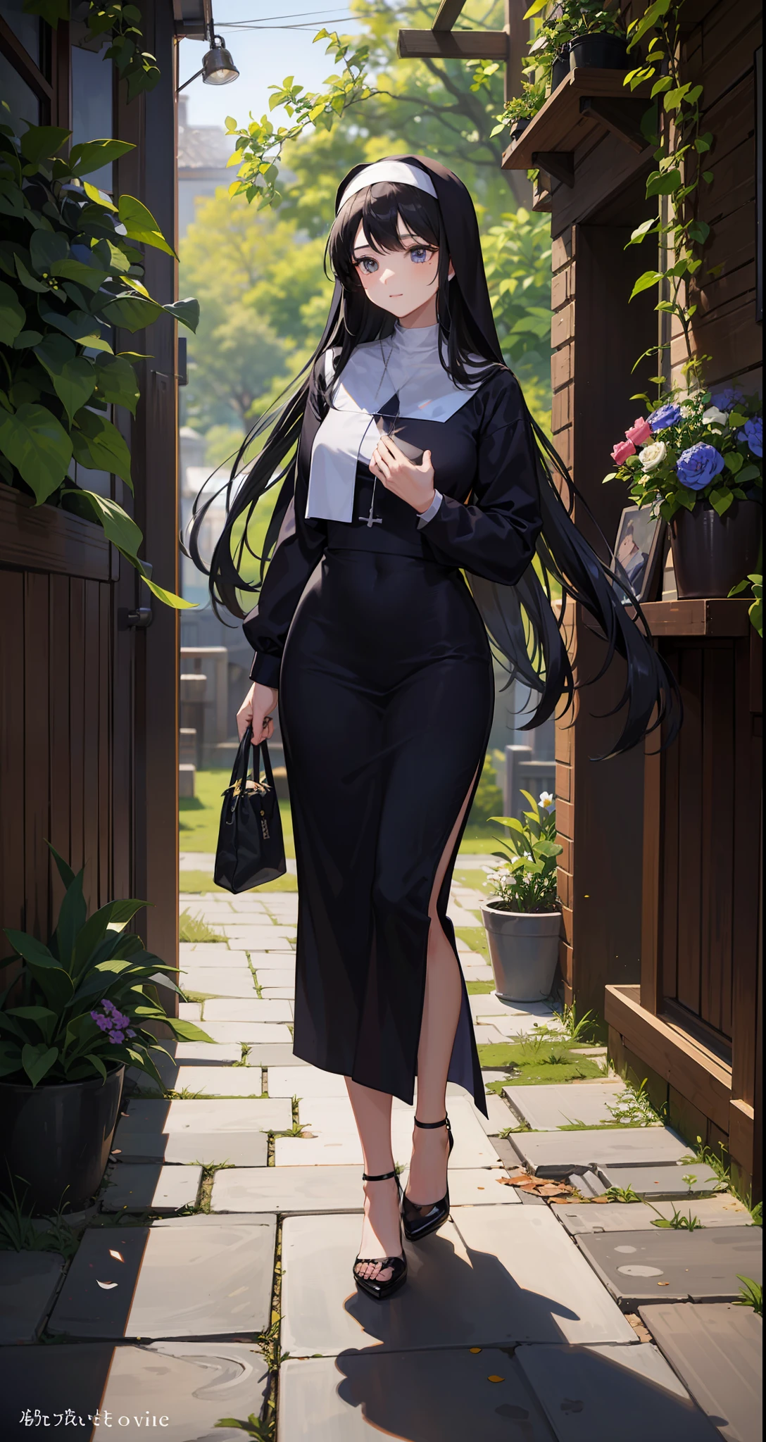 ((full bodyesbian)), Young nun walking, extremely long black hair, ((Charming, self-assured)), vine、Flowers and water creeks, Sharp shadows, Vivid colors, rays of sunshine, [black heels，With ankle strap], Natural pose,