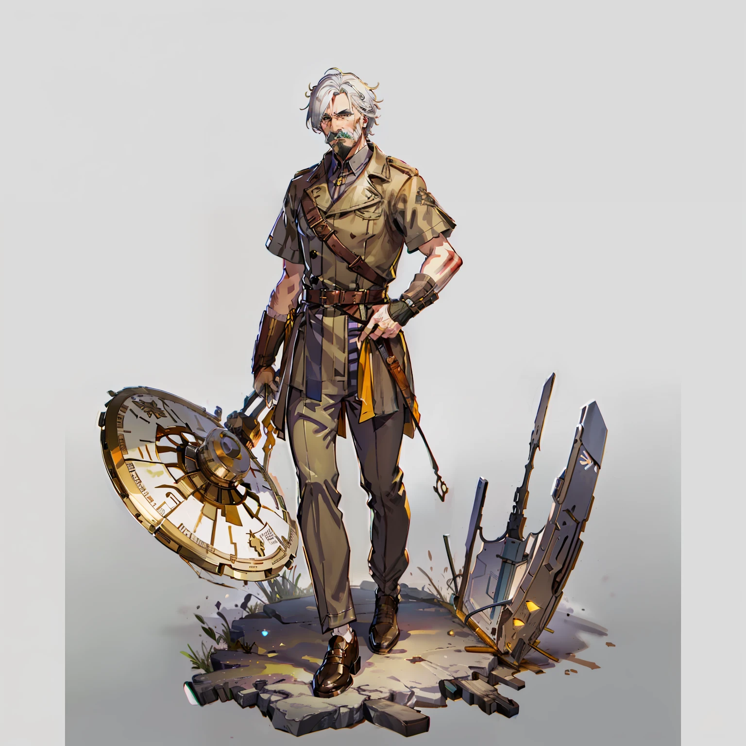 forerunner, Grandpa, No background, White background, White hair, Full body shot, Leather shoes, hickory, Short hair, mustache, Wide pants, Brown and green dresses, hunchback, Leather shoes, Wounds all over the body, Scar on one eye, compass weapon