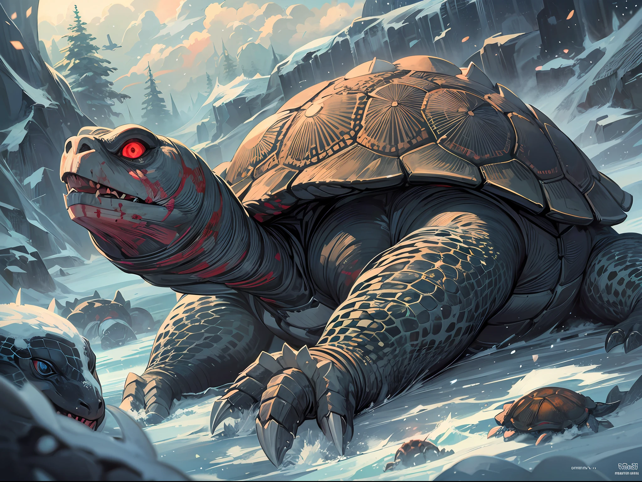 2.5d anime illustration, digital concept art style with extremely beautiful art, tonal contrast, rich colors, intricately detailed illustration, legendary creature, yin-yang path, giant tortoise, sharp looking, sharp claws, glowing eyes, blood vessel-like pattern and black turtle shell, multiple snake tails, gray rock-like turtle face, snowfield, blizzard, footprints, mysterious and fantastic atmosphere, winter, dignity, ethereal atmosphere,