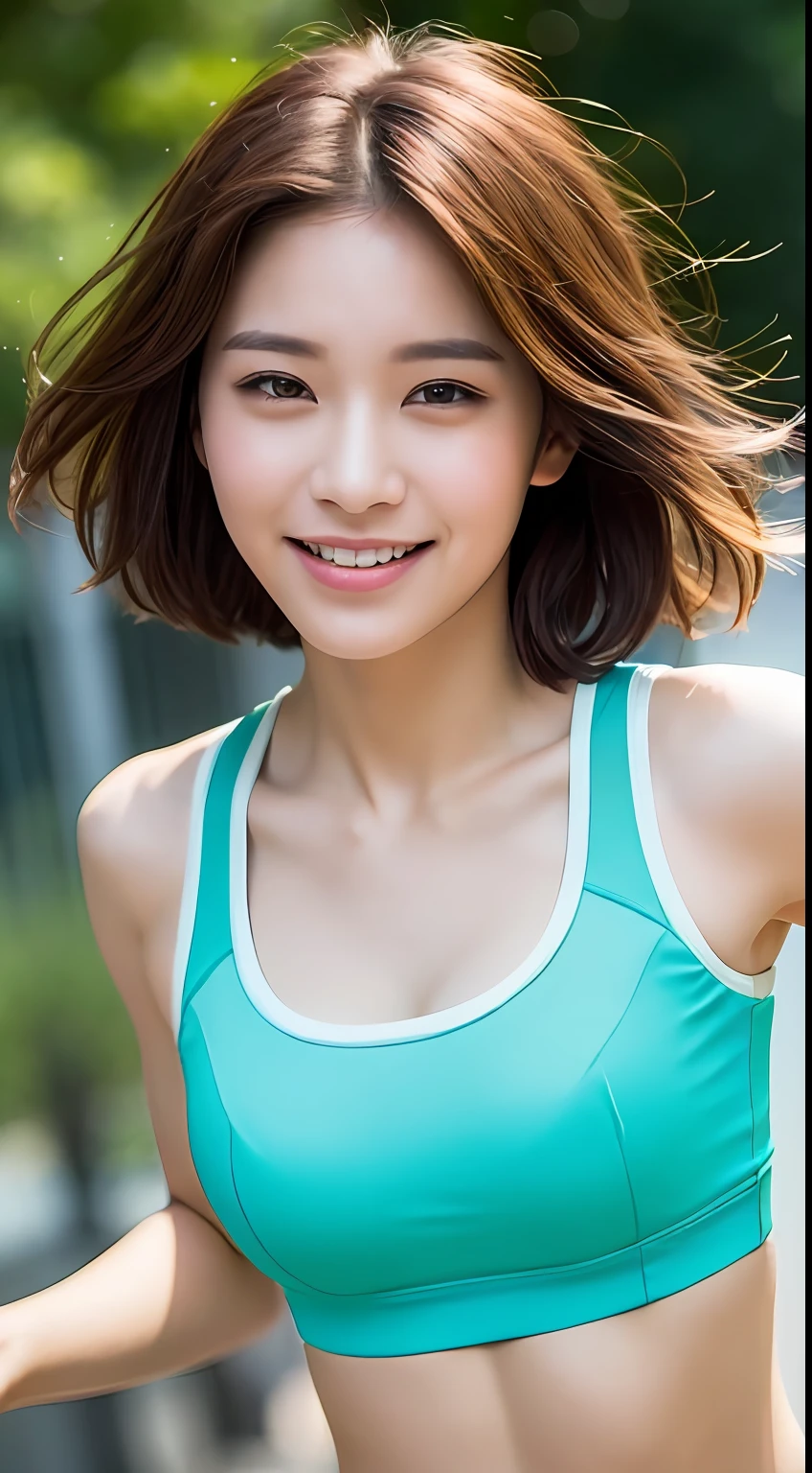 ((Top Quality, 8k, Masterpiece: 1.3)), Sharp Focus: 1.2, Perfect Body Shape Pretty Woman: 1.4, Slender Abs: 1.2, (Layered Haircut, Big: 1.8), (Sports Bra: 2.0), (Jogging: 1.8), (Street: 1.2), Highly Detailed Face and Skin Texture, Detailed Eyes, Double Eyelids, Smile, Bokeh,