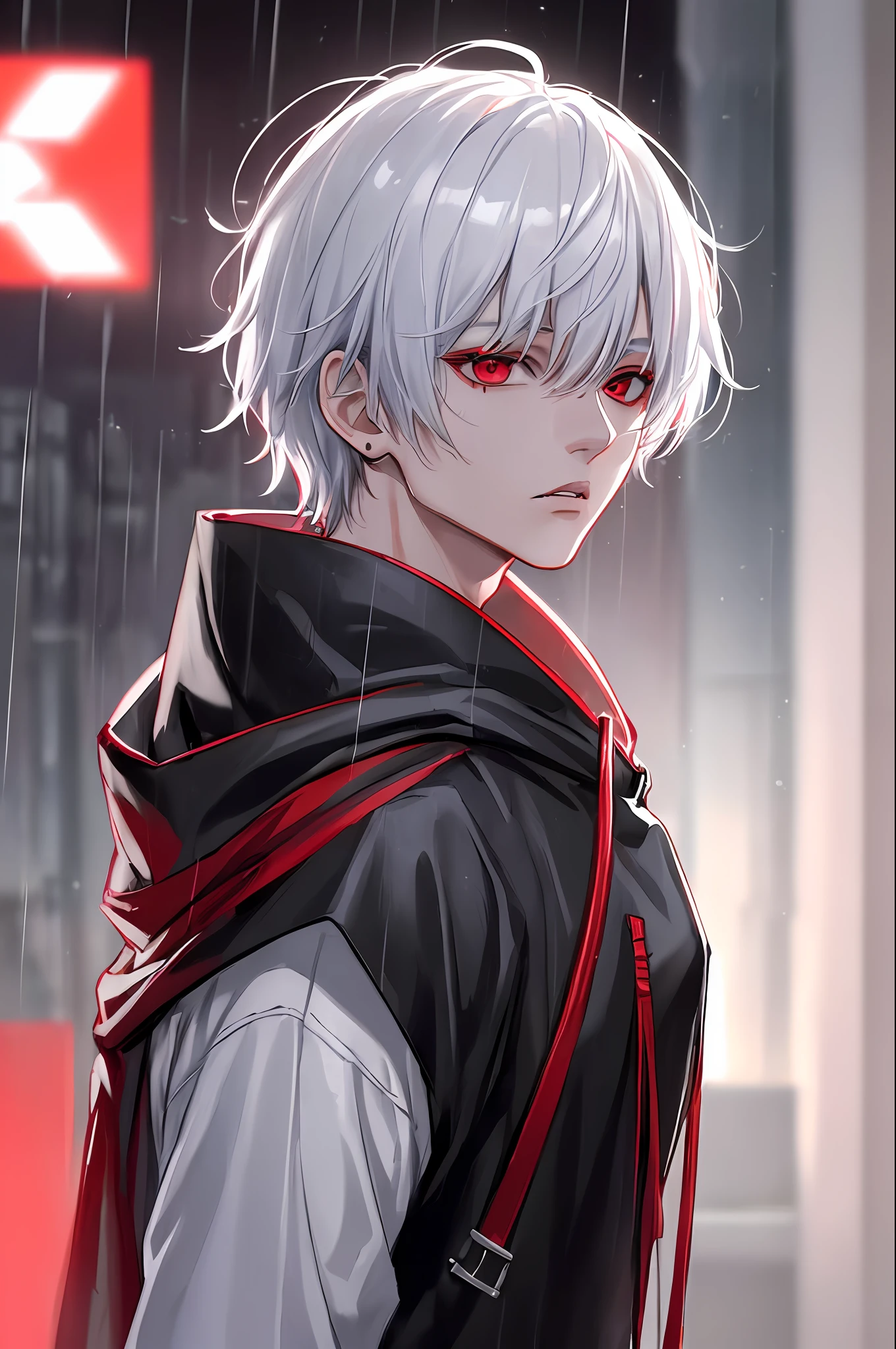 kk, best quality, more details, masterpiece, 1boy, kaneki ken, portrait, male focus, red eyes, solo, bangs, looking at viewer, hood, short hair, rain, tokyo tokyo \(city\), hood up, nail polish, white hair, luxurious, 8k, detailed, ray tracing, depth of field, cinematic lighting,