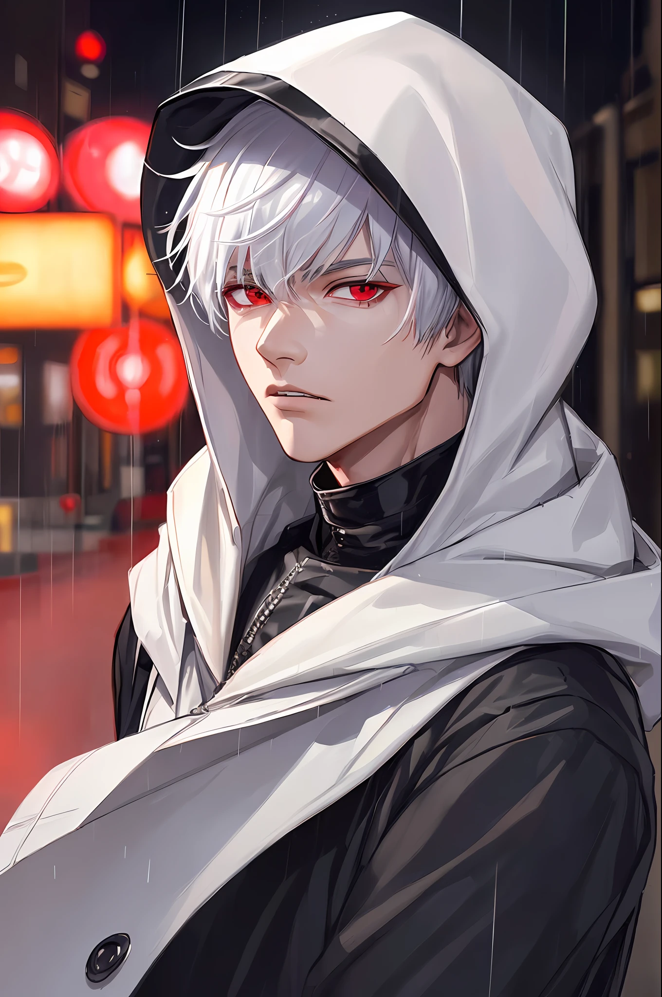 kk, best quality, more details, masterpiece, 1boy, kaneki ken, portrait, male focus, red eyes, solo, bangs, looking at viewer, hood, short hair, rain, tokyo tokyo \(city\), hood up, nail polish, white hair, luxurious, 8k, detailed, ray tracing, depth of field, cinematic lighting,