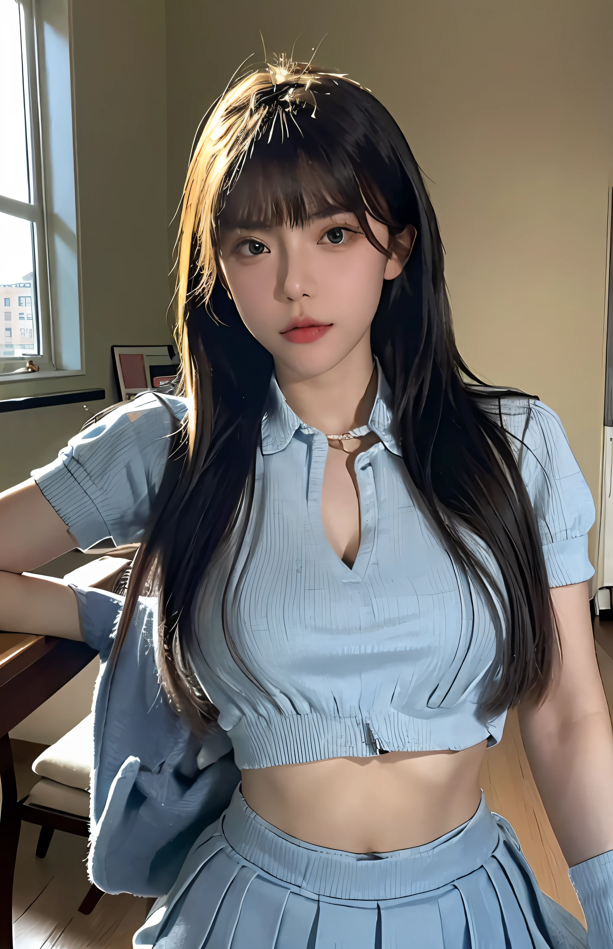 best qualtiy, tmasterpiece, 超高分辨率, (realisticlying:1.4), RAW photogr, 1girl, ((School Uniform)), ((smallunderboob)), cold light