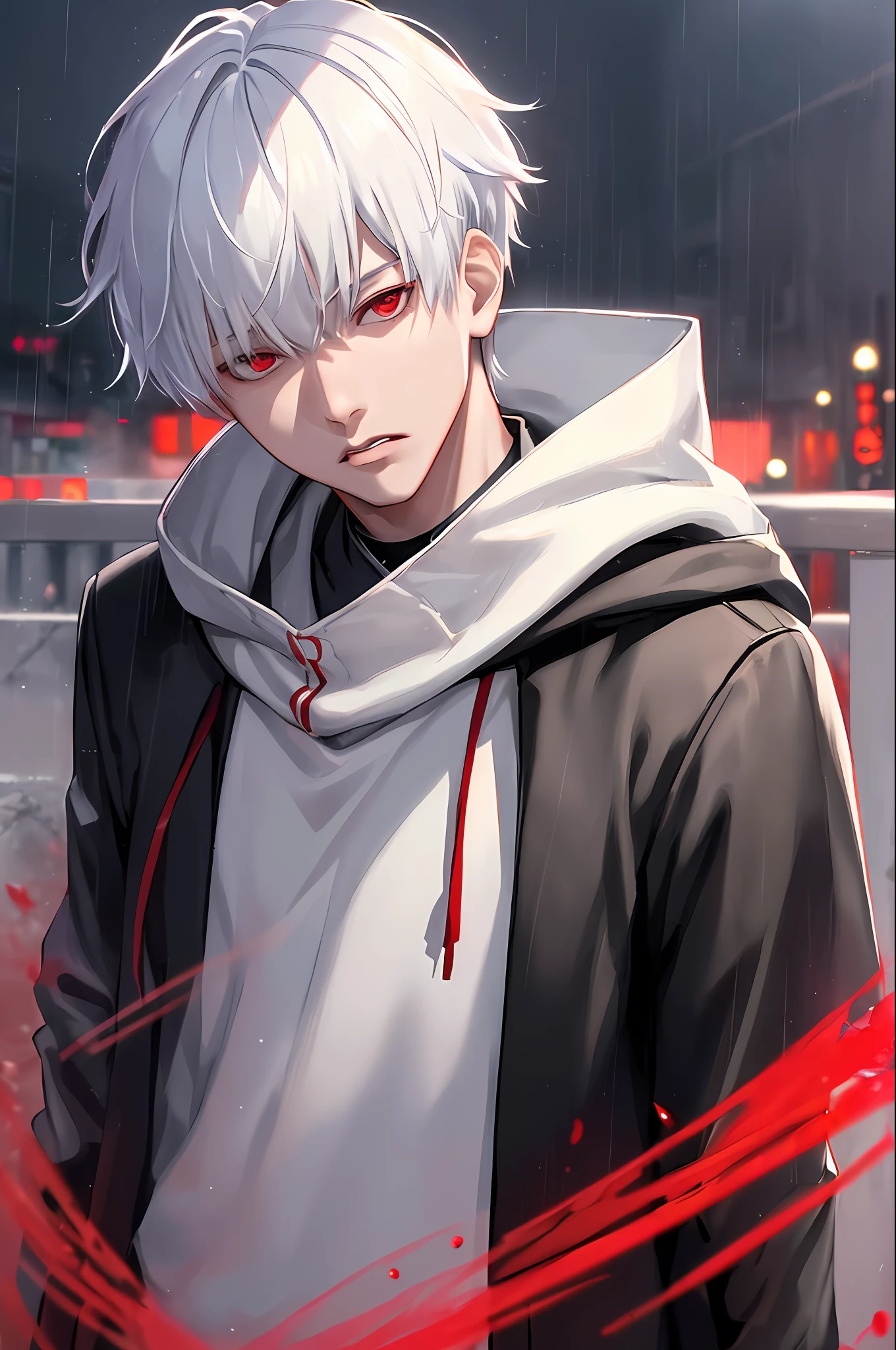 kk, best quality, more details, masterpiece, 1boy, kaneki ken, portrait, male focus, red eyes, solo, bangs, looking at viewer, hood, short hair, rain, tokyo tokyo \(city\), hood up, nail polish, white hair, luxurious, 8k, detailed, ray tracing, depth of field, cinematic lighting,