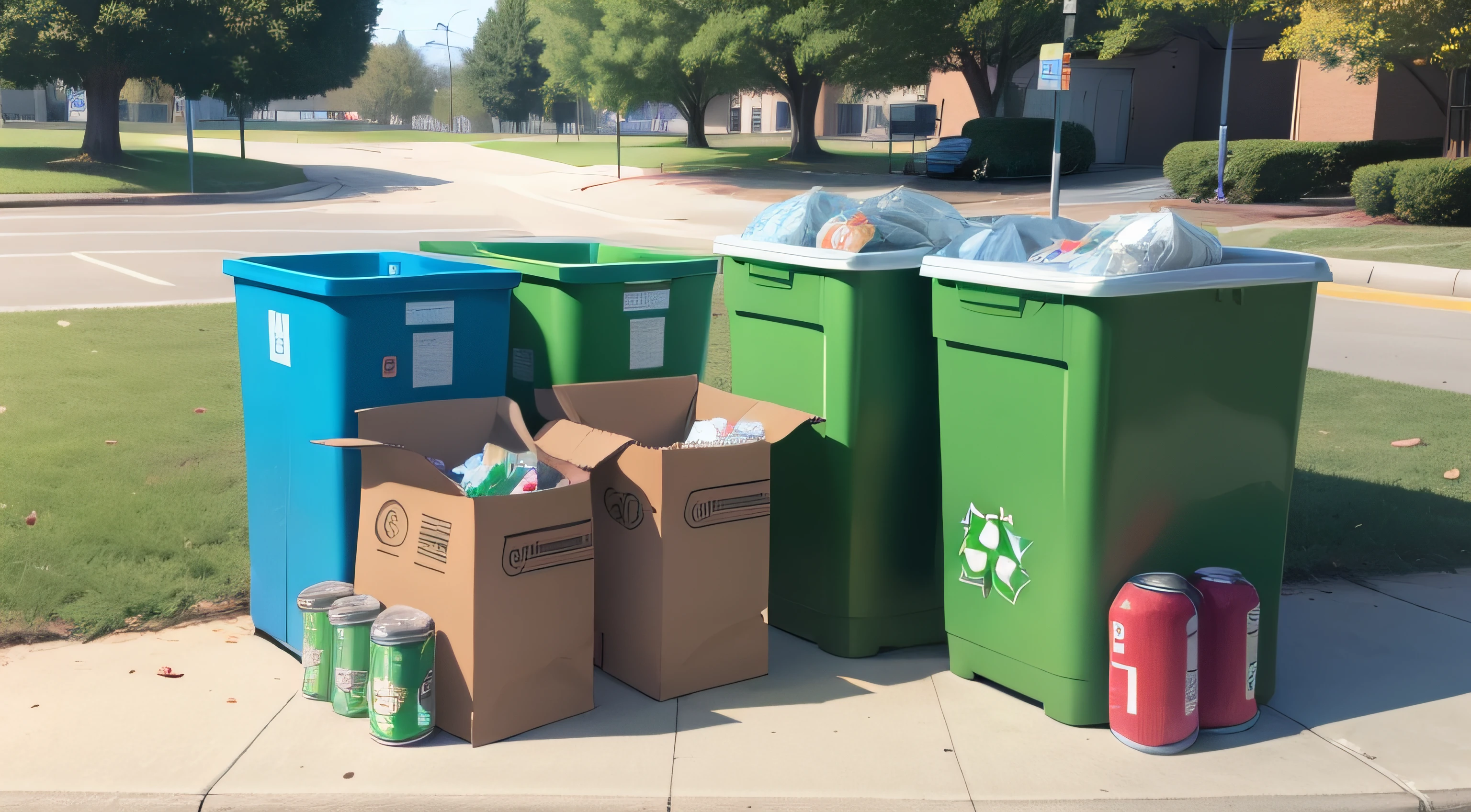 Recycling, community service and volunteer work outdoor with cans and garbage at a park