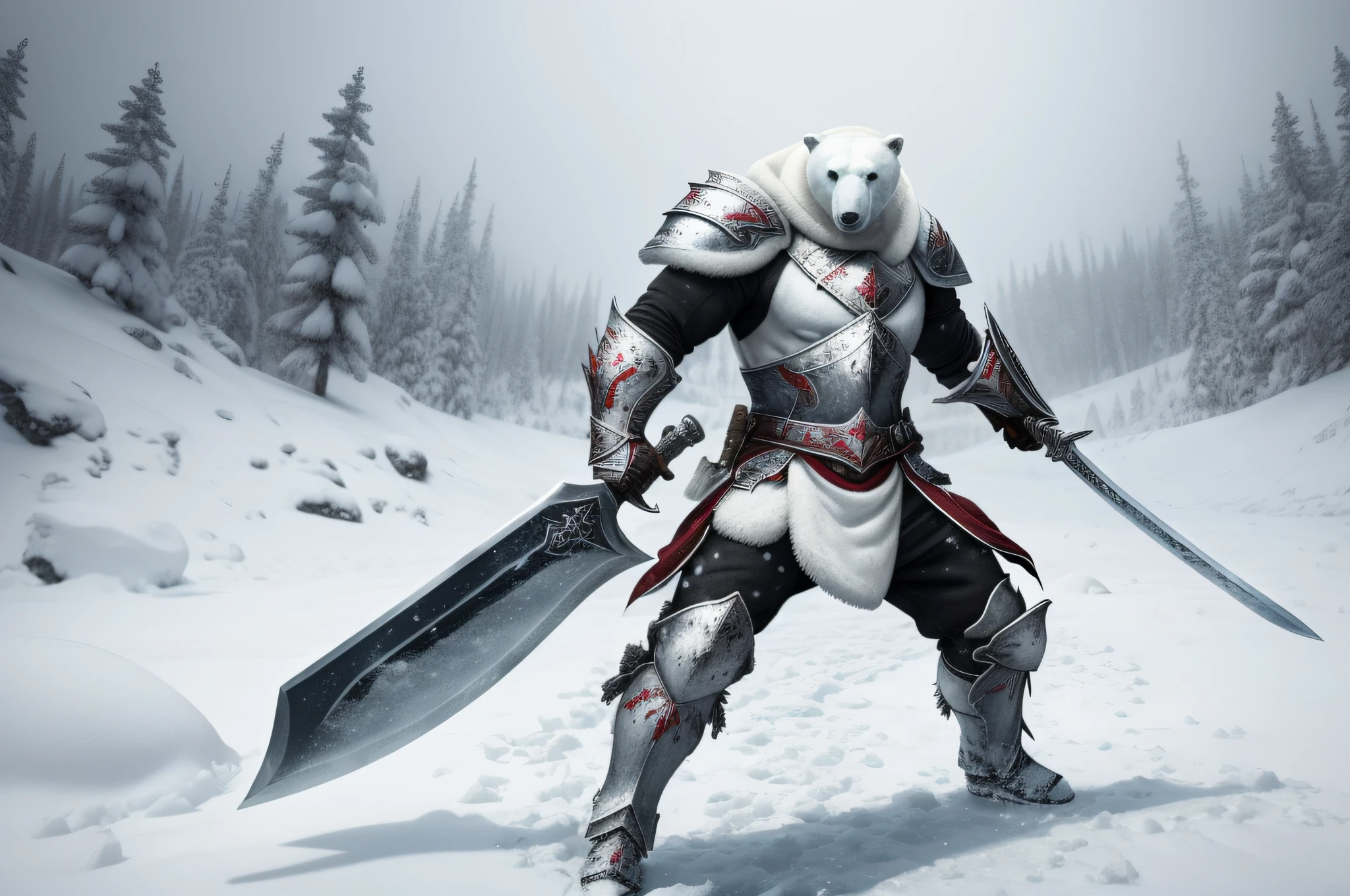 one polar bear warrior, snowy background, detailed black armor, long sword, blood spraying, battlefield, blood on armor and on sword, sweeping sword, war cry, snowy weather, (ultra high quality, masterpiece)
