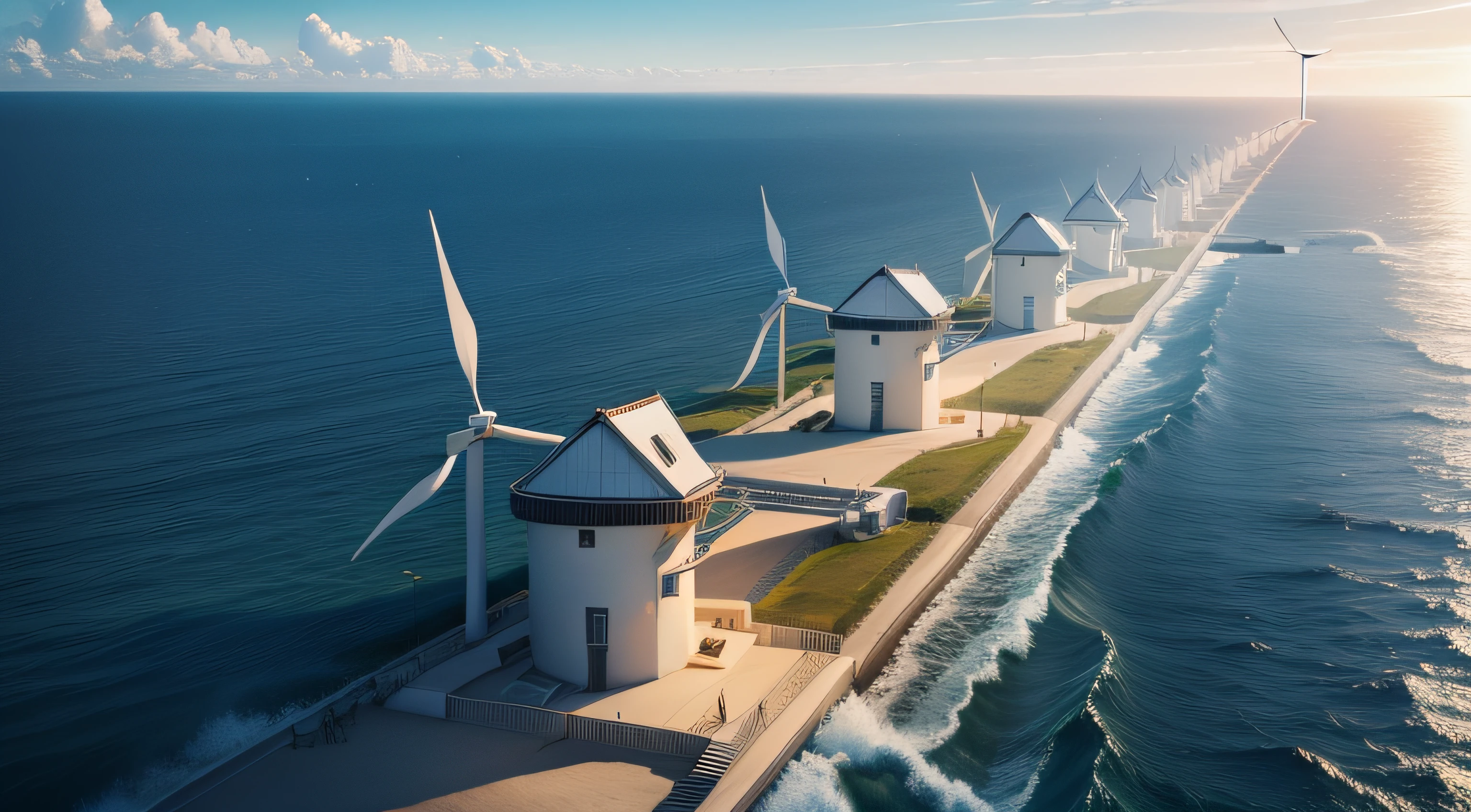 Windmills at the sea. Clean energy made by the wind