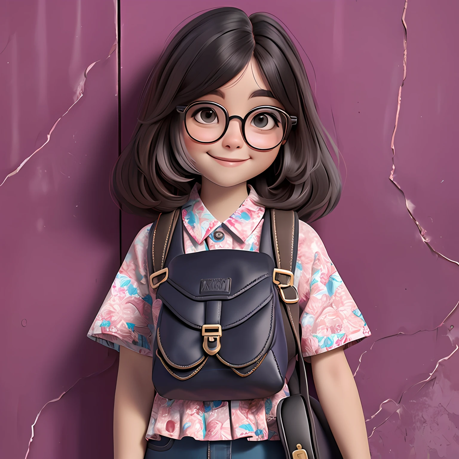 uma menina jovem, gorda, Eyeglasses, de pele preta tom negro, Seu cabelo esta solto, pavor, fone de ouvido, com rendas delicadas, tom acizentado com madeixas marrom escuro, roupas leves, mochila, fone de ouvido, pavor roxo escuro, corpo inteiro, The background is filled with a pastel shade, evoking a sense of lightness and happiness.