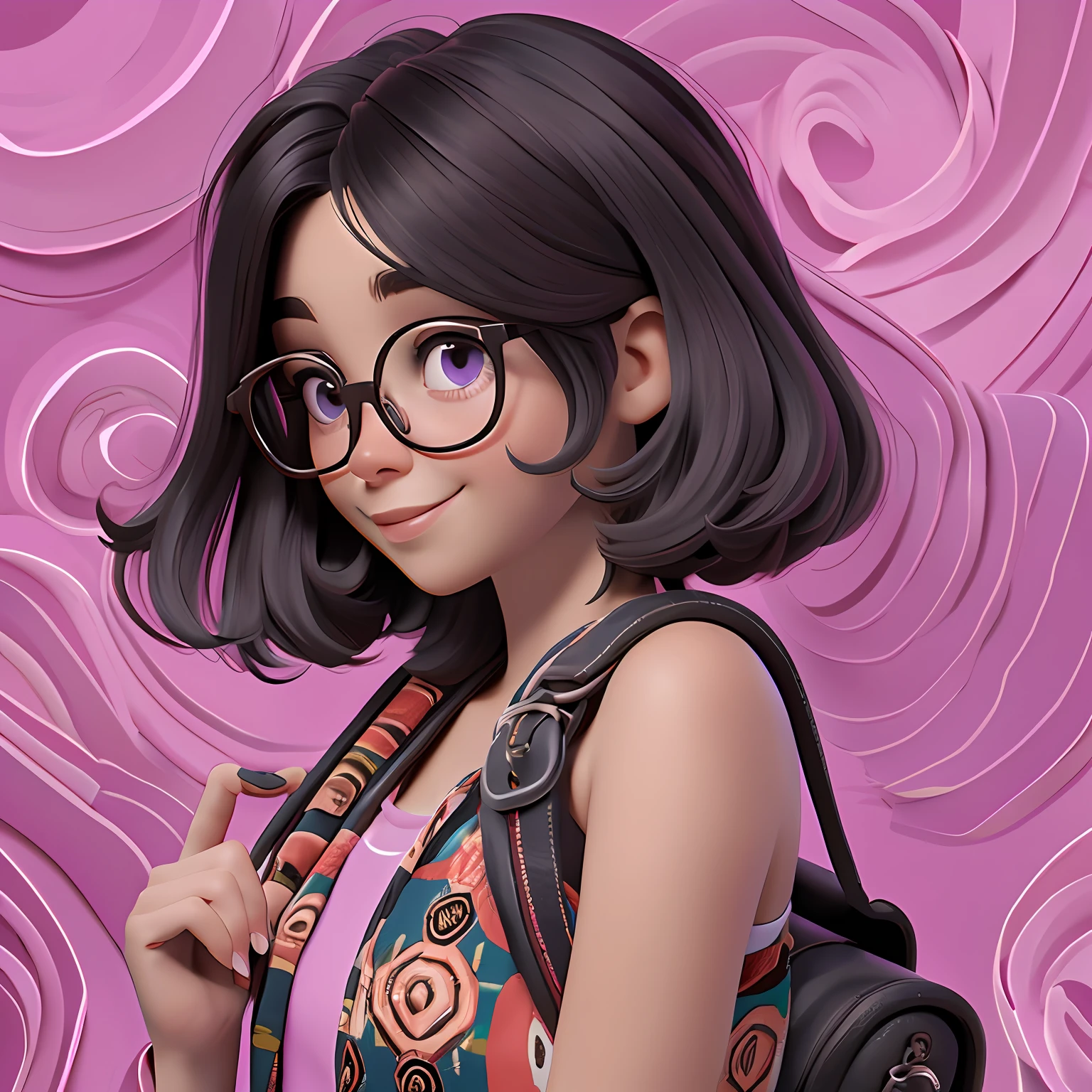 uma menina jovem, gorda, Eyeglasses, de pele preta tom ?????, Seu cabelo esta solto, pavor, fone de ouvido, com rendas delicadas, tom acizentado com madeixas marrom escuro, roupas leves, mochila, fone de ouvido, pavor roxo escuro, corpo inteiro, The background is filled with a pastel shade, evoking a sense of lightness and happiness.