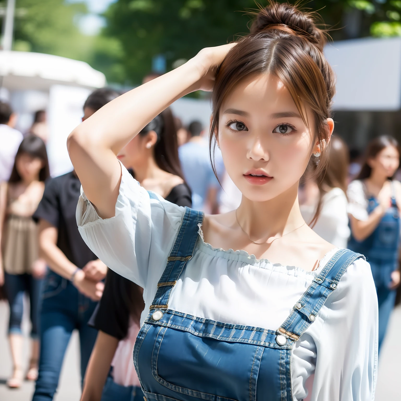 Long hair woman posing in short dress, top-quality, 1girl in, (overalls,toppless), medium breasts⁩, natta, blured background, TOKYOcty, a street,Bokeh, (a person, Large crowds:1), (Grown hair:1.5), (Floating hair:1.2), (casual yet stylish, Blouse:1.5), (dynamicposes:1), Soft lighting, (portlate:0.8),looking at the viewers,