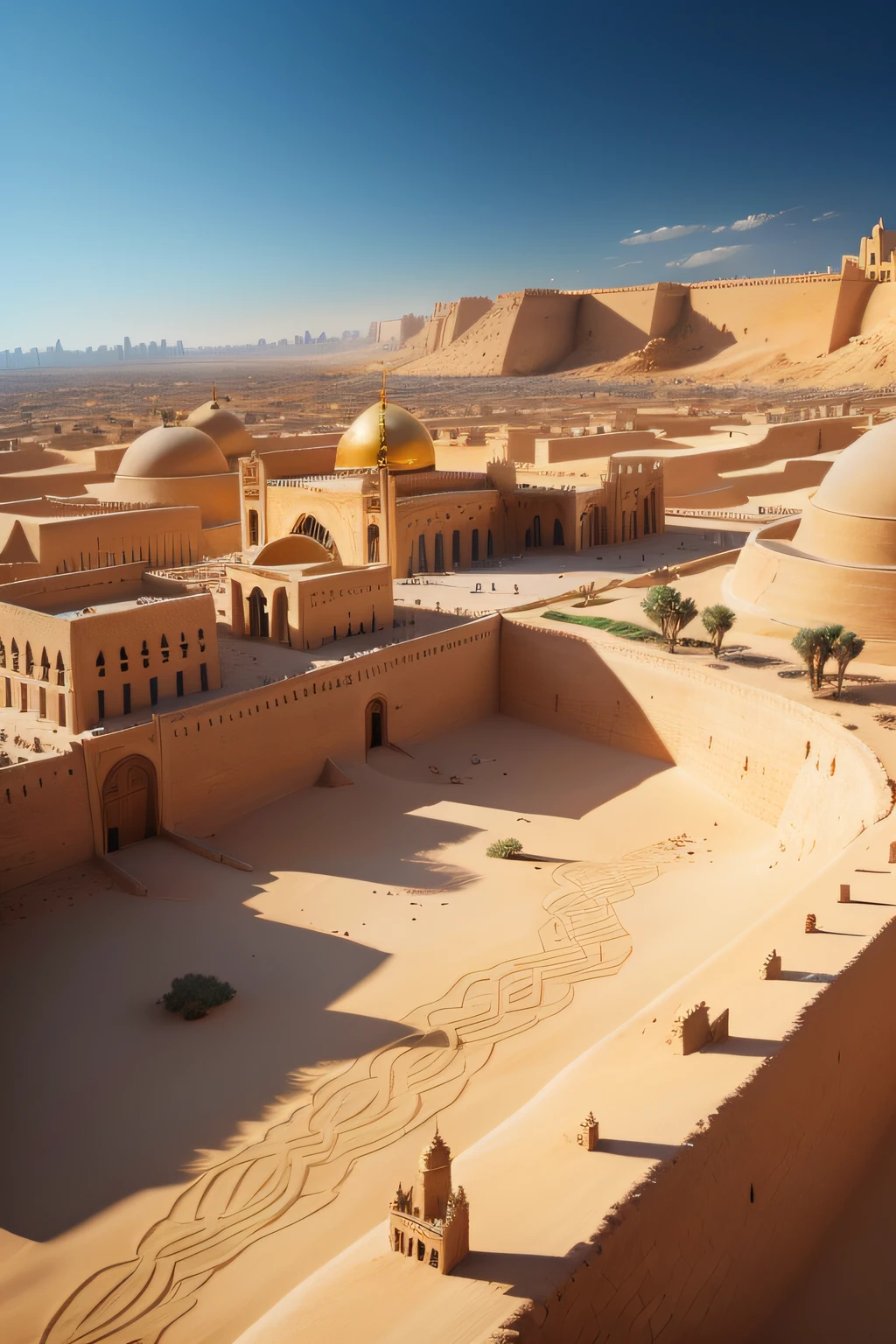 A realistic cityscape of Jerusalem , in the style of the 31st century with rich houses gold and silver city palace Egypt with cactus , The city is located in the desert surrounded by sand and salt dunes always shaping its rolling landscape Arab palace