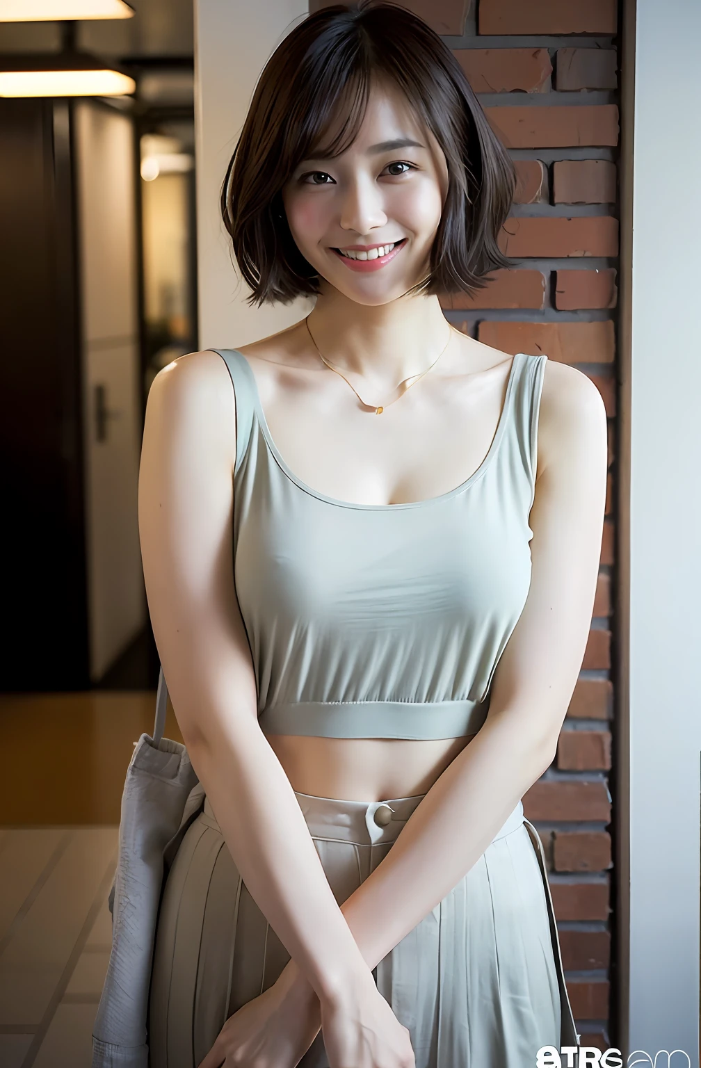 ((8K:1.27)、top-quality、​masterpiece、超A high resolution:1.2)Photo Beautiful Japan woman(pleasing:1.1) (The shirt:1.21) Elegance、There is a good、Gradient lighting、1girl in、Delicate skin、Look here、Brown-eyed、(short hair with bangs:1.2)、(breasts are large:1.0)、(medium areola:0.8)、(realisitic:1.4)、(top-quality:1.0)、(超A high resolution:1.0)、8K、to stand、erect through、Raw photography、(​masterpiece:0.2)、(pure eros face V1:0.5）、 Solid Fold Pleated Detail Tube Top、white  clothes、a necklace、Kamimei、date、excited expressions、Red cheeks、want me、Staring at this、subject、Lean、firm cheeks、Look here、Laugh、Futomo、sandal、Beautiful thighs、Kinda chubby、Beautiful thighs、Angle from the front、Composition looking up from slightly below.、Upright directly in front of the camera、tote bags、facing front、arms in arms、Ginza at night、Back alley、murky、streetlights、business sui、A refreshing smile、Hair UP、Gentle smile、