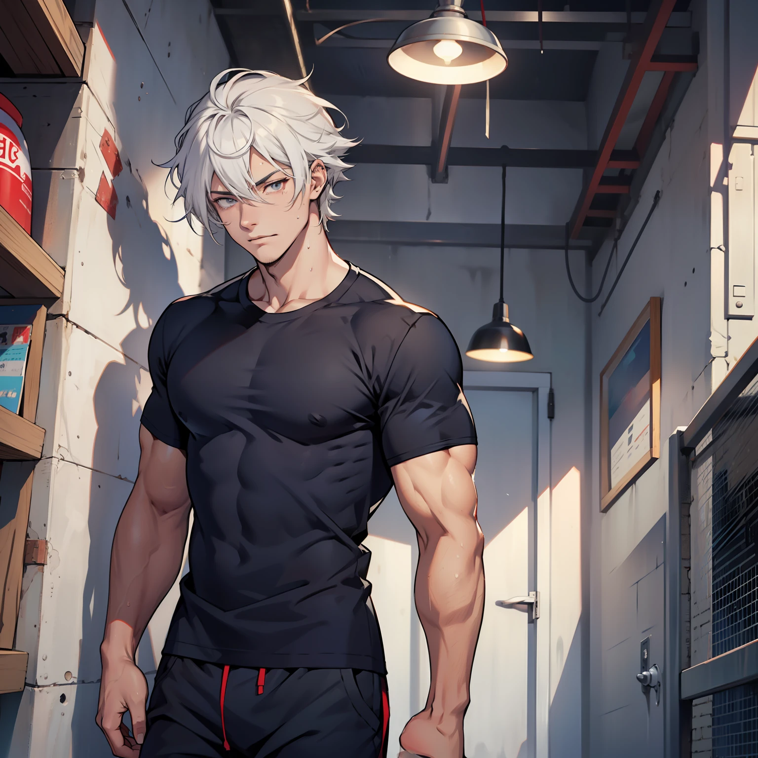 Jesse is tall He has white hair with red tips, and sharp grey eyes, they're so beautiful to look at. His hair is a bit wavy and he has a beautifully toned body. Muscular male. Jesse is seen wearing black sweat pants and a navy blue shirt