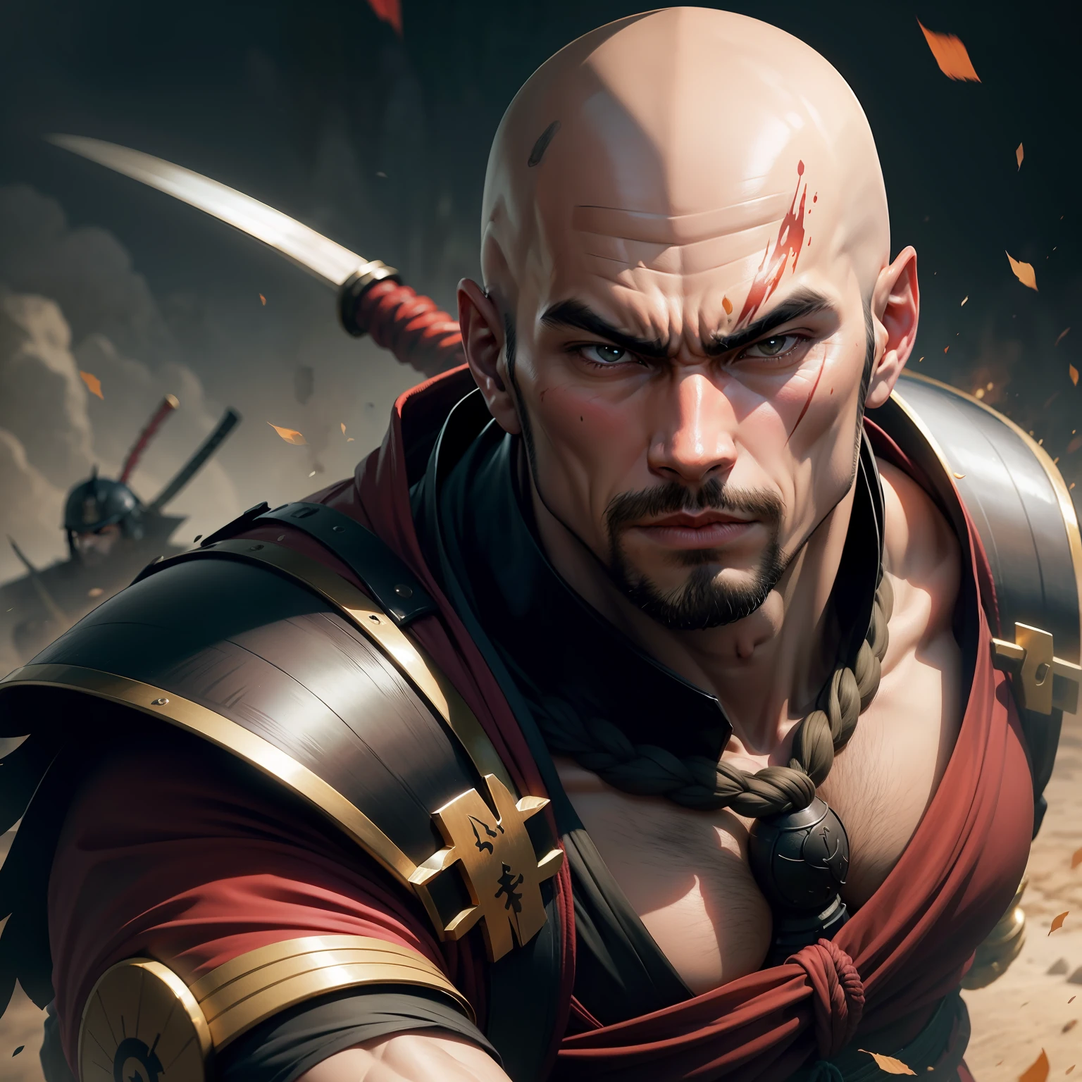 Bald handsome muscular samurai in battle