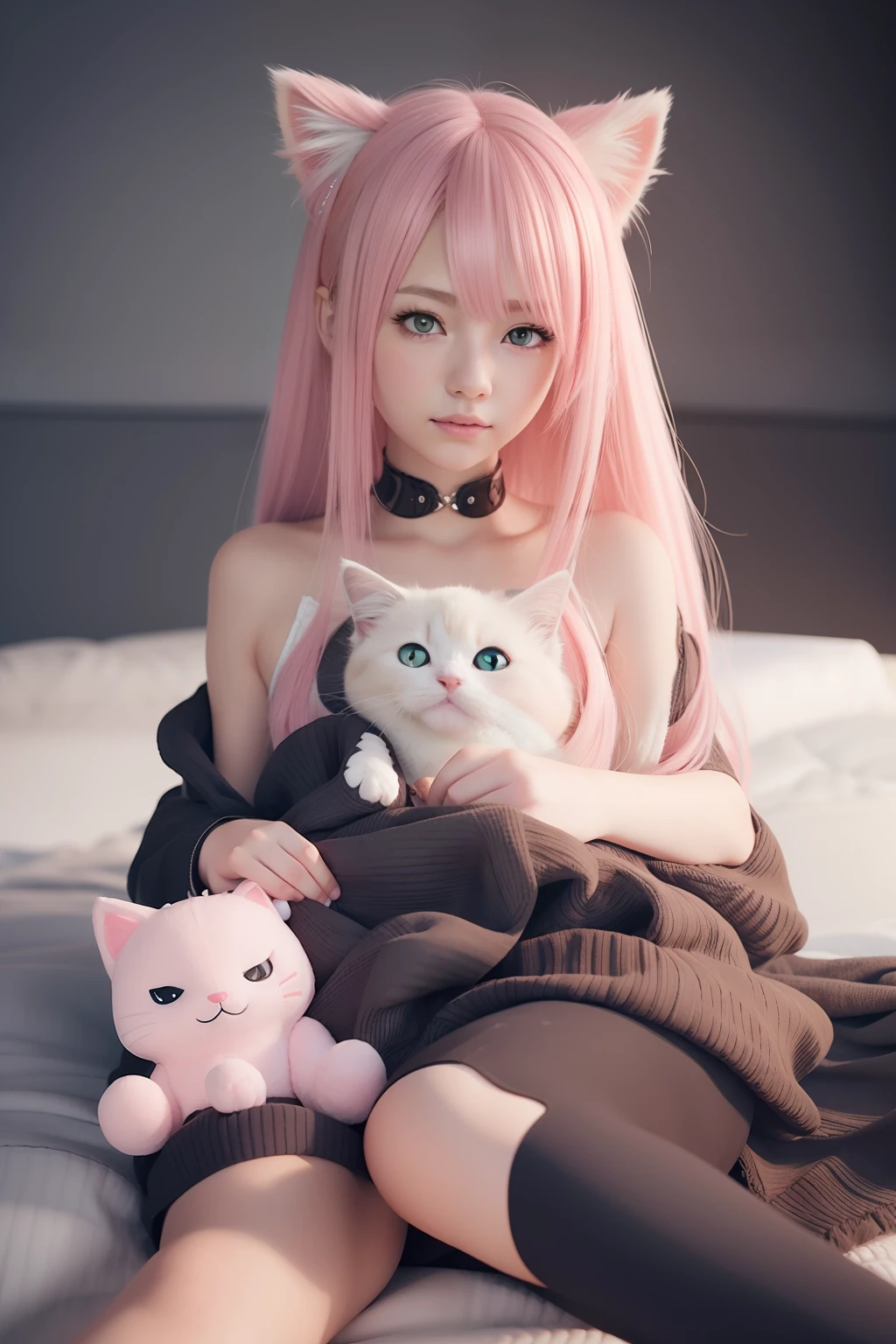 Pink hair anime girl with kitten and stuffed animal, artwork in the style of guweiz, realistic anime 3 d style, Anime style. 8K, cute anime catgirl, kawaii realistic portrait, Anime Realism Style, anime styled 3d, 3 d anime realistic, Very Beautiful Anime Cat Girl, guweiz, beautiful anime catgirl