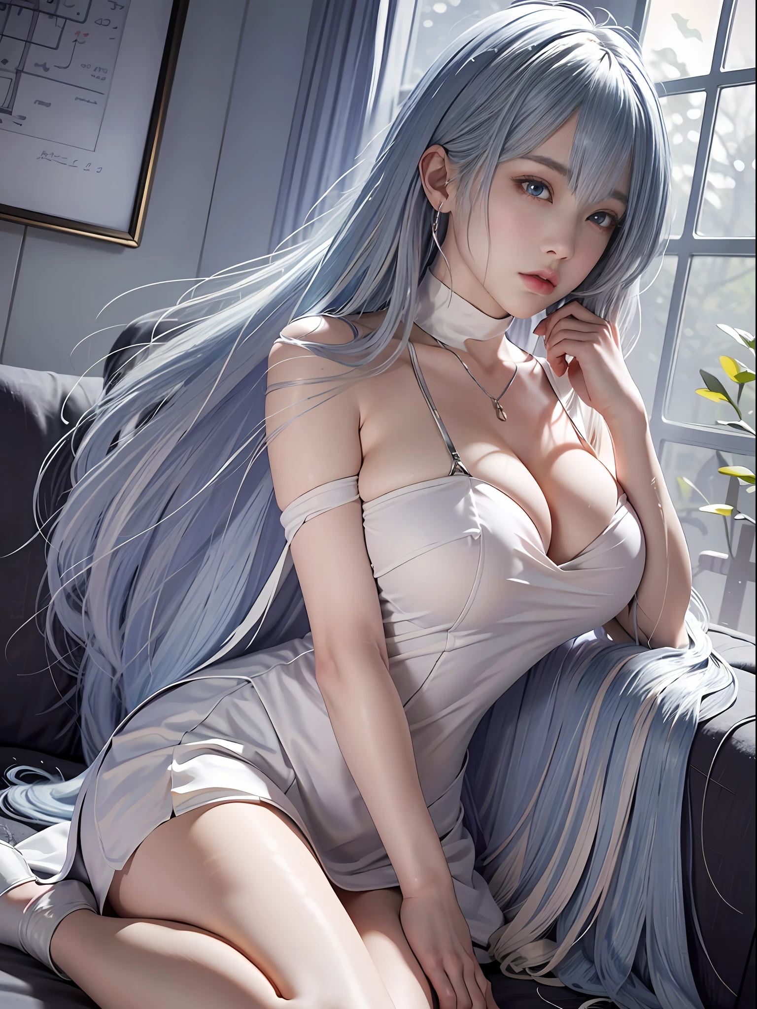 A woman sits on a bed,Wearing a white dress and high heels, seductive anime girls, Anime goddess, beautiful and seductive anime woman, white-haired god, Extremely detailed Artgerm, Beautiful anime woman, Beautiful goddess, Perfect white haired girl, Beautiful anime girl, Shiny white skin, glowing with silver light, trending on artstation pixiv, beautiful alluring anime teen,Huge breasts,blush,