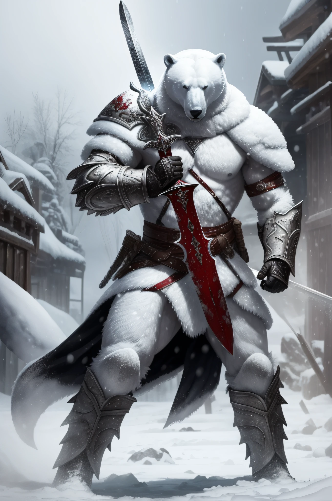 one polar bear warrior, snowy background, detailed black armor, long sword, blood spraying, battlefield, blood on armor and on sword, sweeping sword, war cry, snowy weather, (ultra high quality, masterpiece)