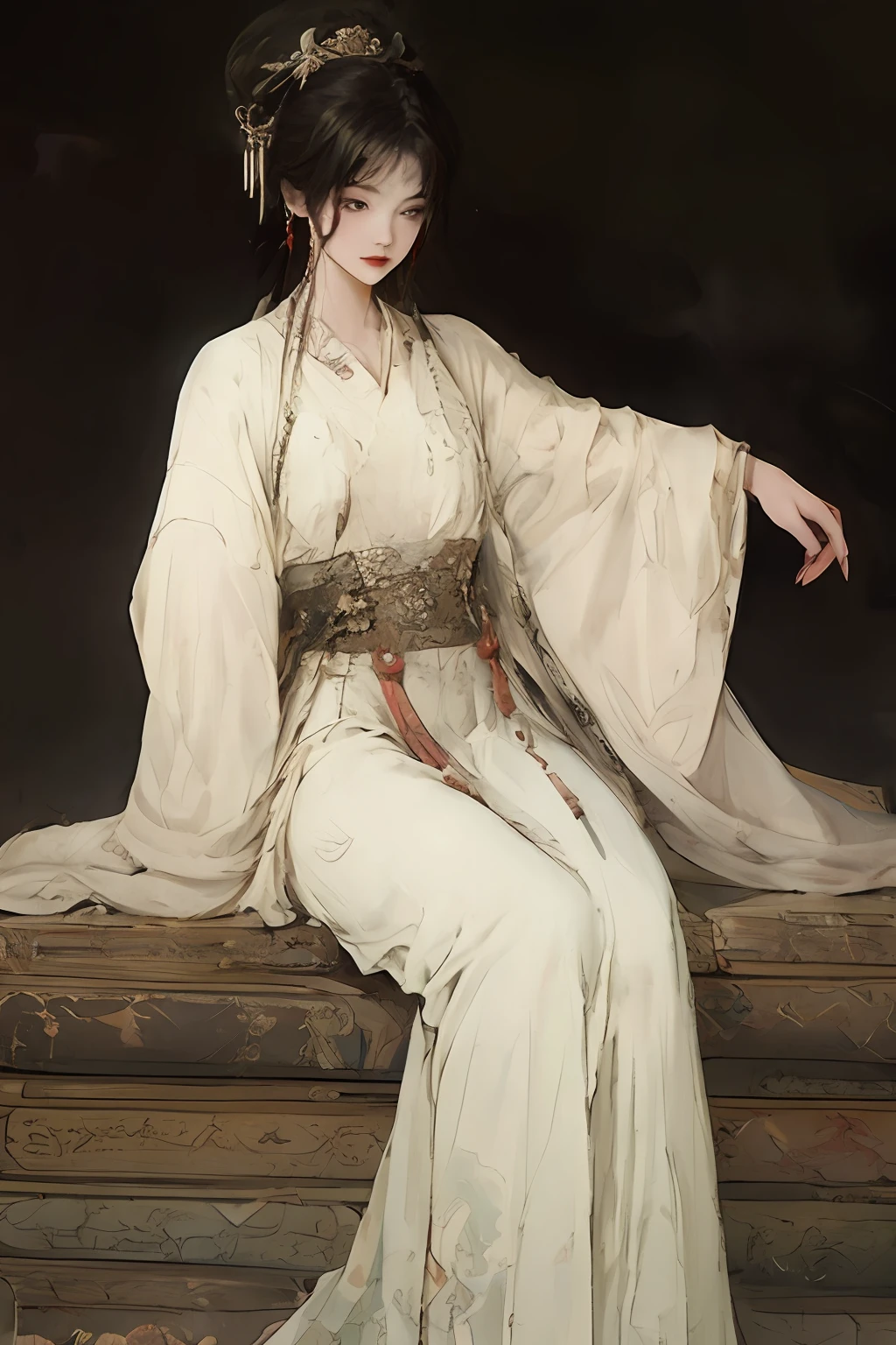 A girl, dressed in white, standing, facing, full length, in front, font