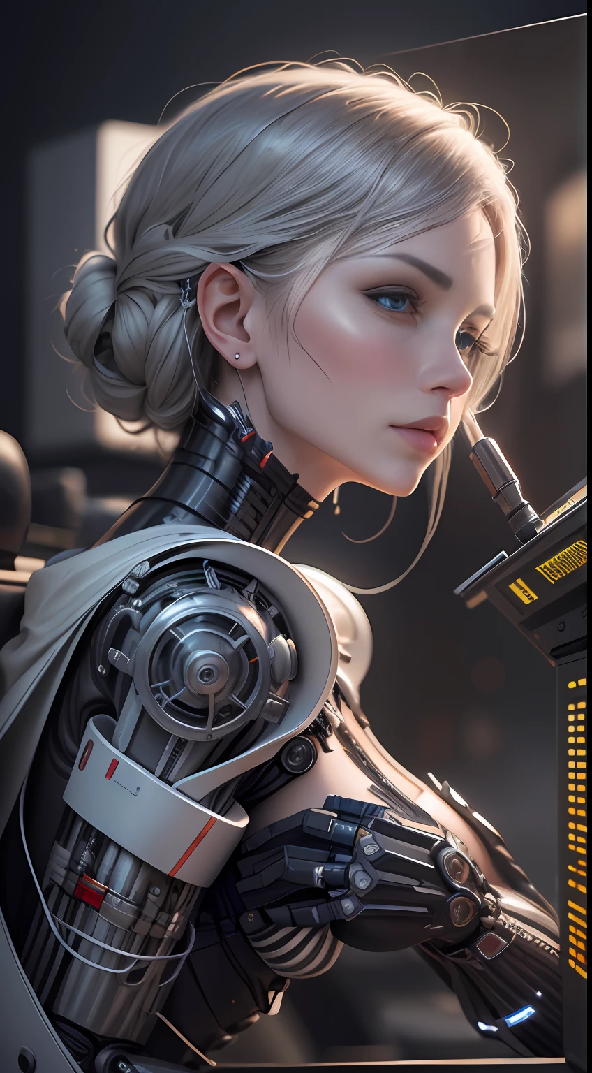 Sophisticated 3D visualization of a super-detailed human face from a porcelain profile, Cyborg, robotic details, 150 mm, Beautiful studio soft light, rim light, Vivid details, luxurious cyberpunk, lace, A hyper-realistic, anatomical, facial muscles, cable electrical wires, microchip, elegant, Beautiful background, Octane Render, H. r. Giger style, 8K, Best Quality, Masterpiece, illustartion, extreamly delicate and beautiful, Extremely detailed ,computer graphics ,unity ,wallpapers, (Realistic, photo-realistic:1.37),Amazing, finely detail, Masterpiece,Best Quality,official arts, Extremely detailed computer graphics Unity 8K wallpaper, absurdress, incredibly absurdres, a robot, Silver Halmet, full - body, sitting