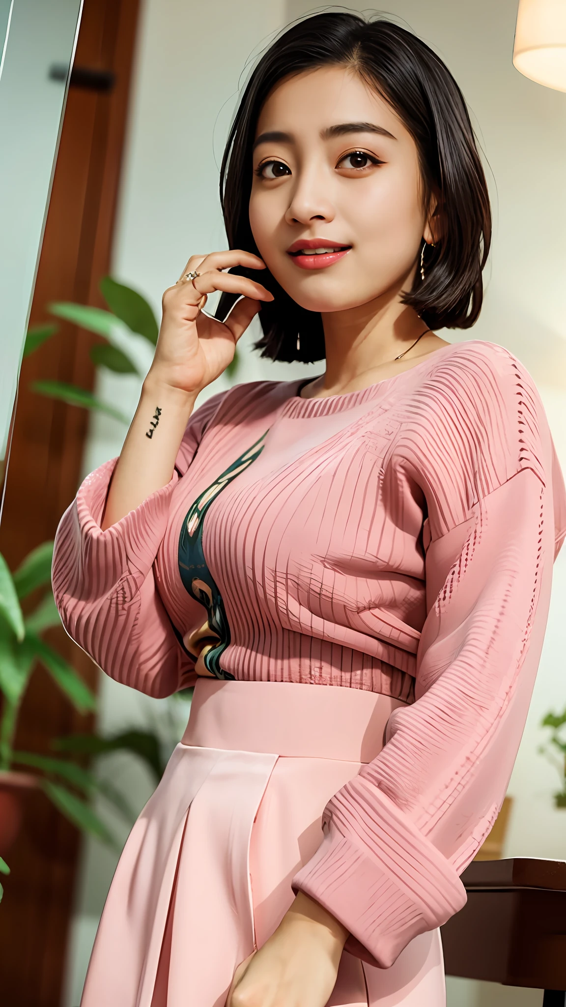 twjihyo, jihyoo, ((masterpiece, best quality)), intricate details, high quality, (photorealistic), (rich:1.4), ultra realistic 8k cg, picture clean, masterpiece, professional artwork, famous artwork, cinematic lighting, cinematic bloom, perfect face, beautiful face, beautiful eyes, 1girl, korean woman, jihyo from twice, short dark hair, jihyo, kpop idol, smiling