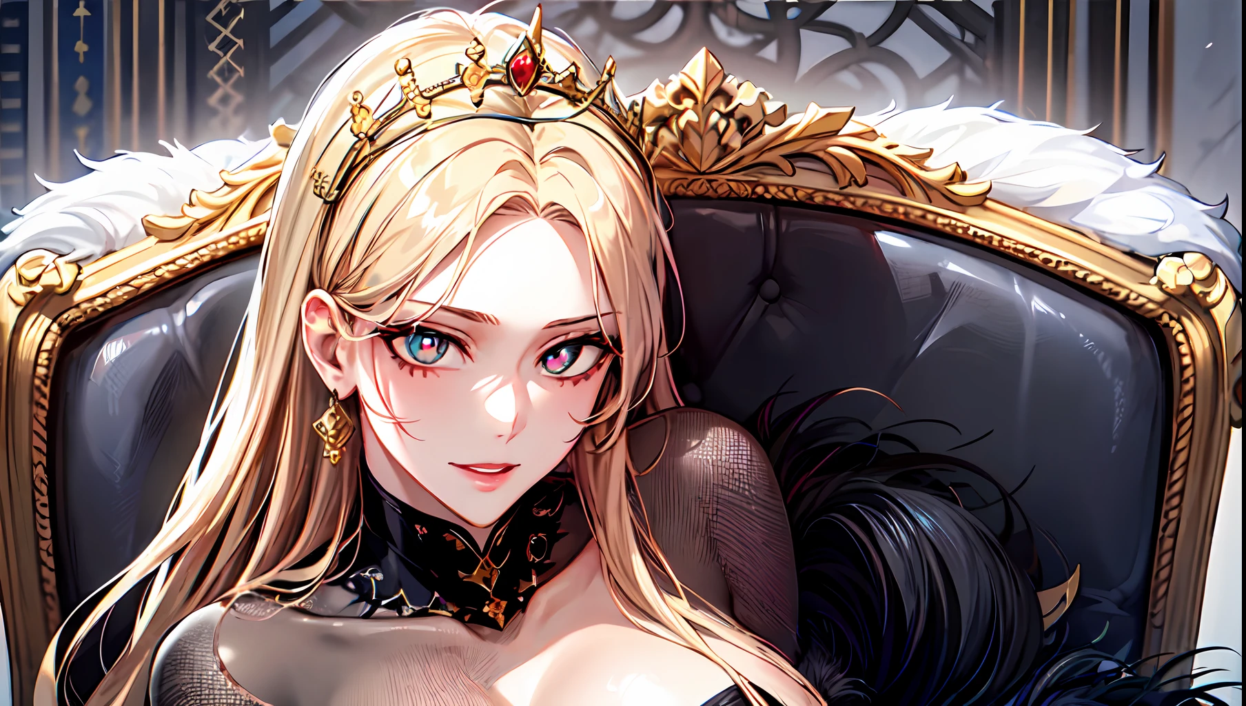 shoujo-style, 1girl, solo, masterpiece, best quality, detailed face, perfect face, perfect eyes, big eyes, ganrealistic eyes, bright pupils, (evil smile:1.2), Gesugao, madman, empy eyes, crazy expressions, long eyelashes, looking at viewer, big breast, (cleavage), golden, jewelry, shiny skin, (mature female, large breasts), realistic, royal dress, queen, tiara, fantasy, crown, chain, sitting on throne, (robe:0.8), fur,