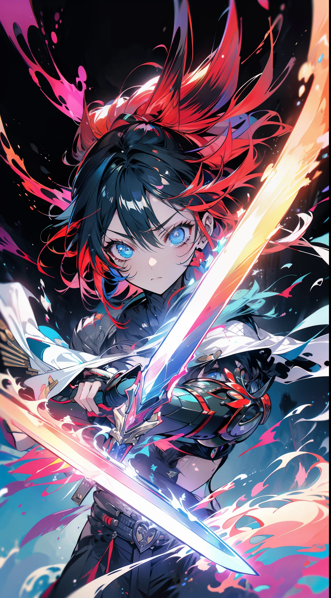 (There is a figure painting of a man with hair,swordsmen,up-close,Armor) ;swordsmen,cyber punk perssonage,The sword