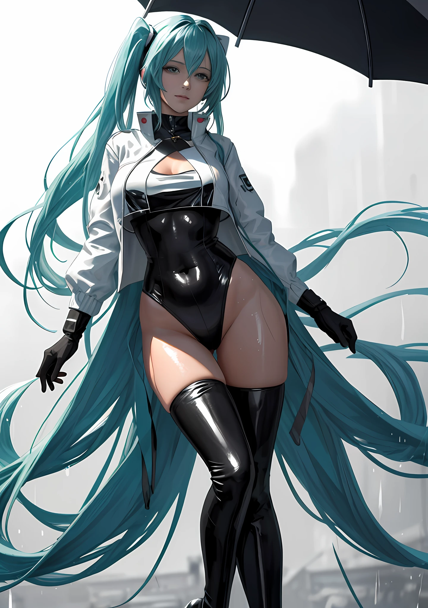 tmasterpiece,(ultra - detailed),1girll, ssmile, Racing tracks, Racing Miku, black reotard, Cropped jacket, White jacket, longer sleeves, Two-tone gloves, thigh boots,Huge bust,Clothes are wrapped all over the body,Excellent figure,Realistic painting style,Surreal art style,Open jacket,Rained,drenched all over the body,Hair dripping,Wet hair,Fleshy chest,Huge,Crop topping,The belly is exposed,Minor abs,Rain reflection,Flame it up,Twist your body,Sexy limbs,F cup chest