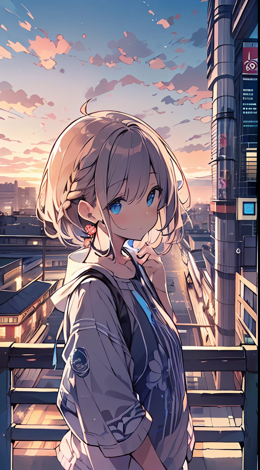 masutepiece, Best Quality,Illustration, Wallpaper, Ultra Detail, absurderes, 1loli, Solo, (Medium short hair、short braided hair), Beautiful detailed eyes , (Street), luminous sky,(a panoramic view:1.3),(Sense of depth:1.5)
